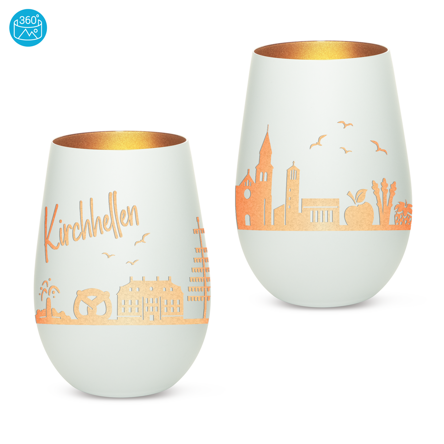 Hochwertiges Glas Windlicht mit Gravur "SKYLINE KIRCHHELLEN" in der Farbe Weiß/Bronze