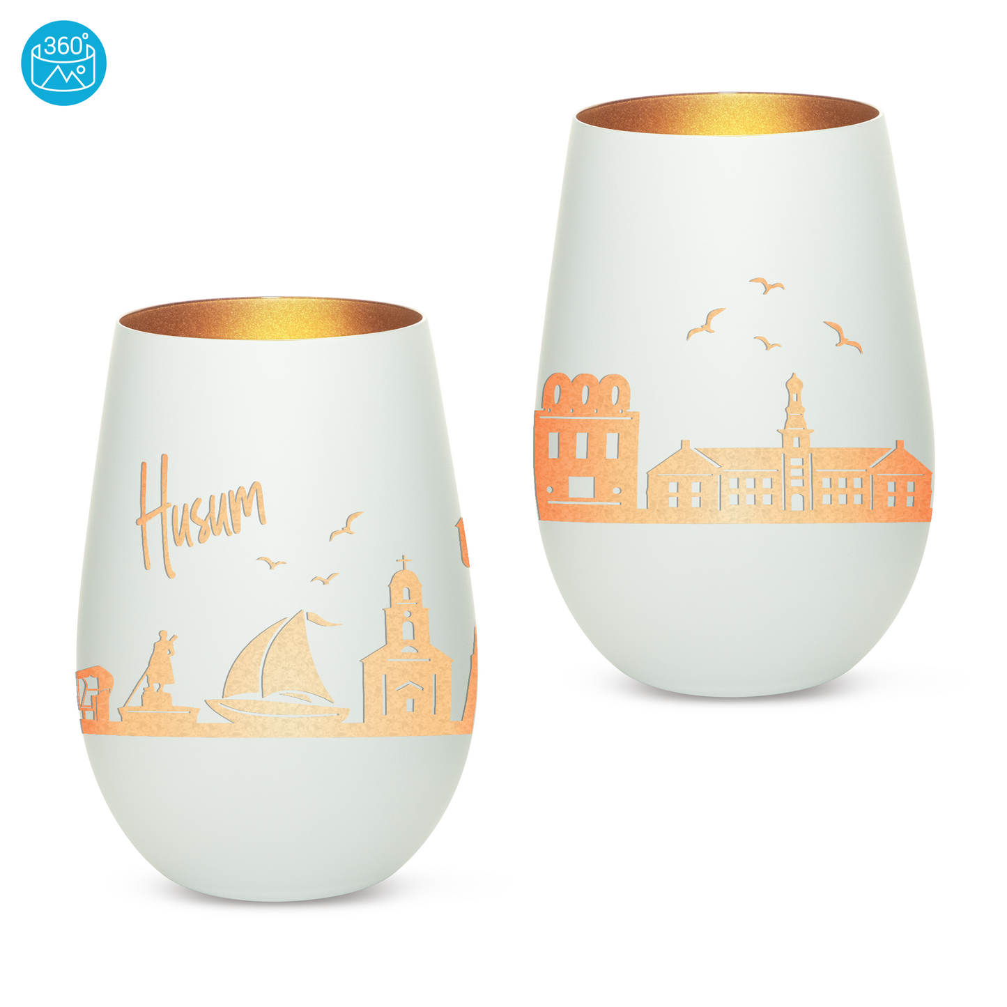 Hochwertiges Glas Windlicht mit Gravur "SKYLINE HUSUM" in der Farbe Weiß/Bronze