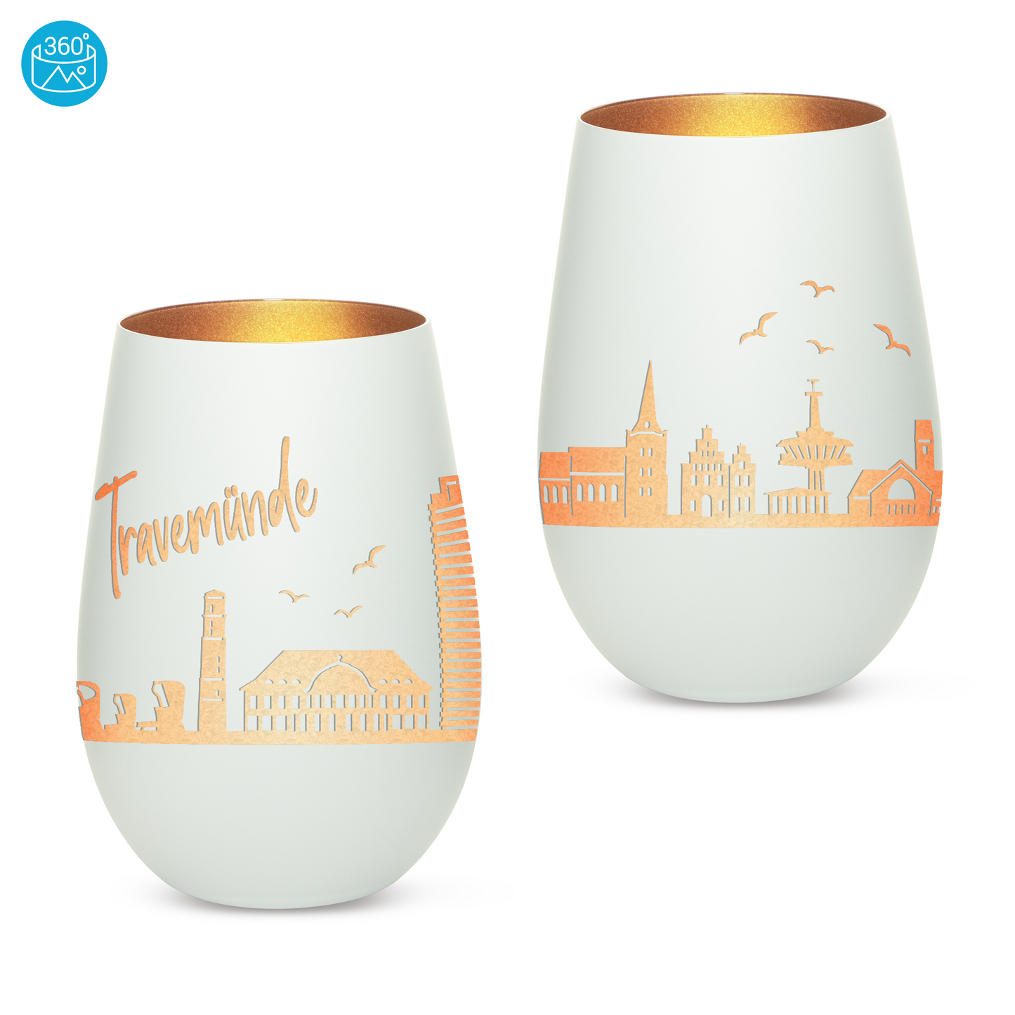 Hochwertiges Glas Windlicht mit Gravur "SKYLINE TRAVEMÜNDE" in der Farbe Weiß/Bronze