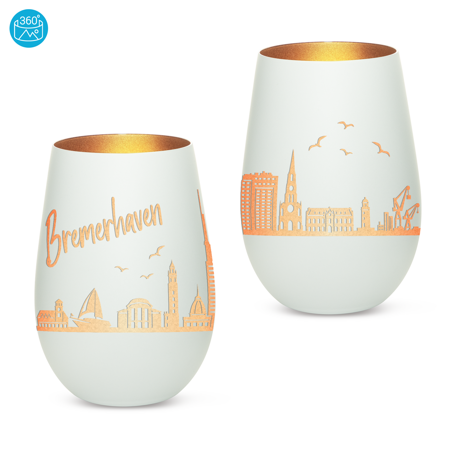 Hochwertiges Glas Windlicht mit Gravur "SKYLINE BREMERHAVEN" in der Farbe Weiß/Bronze