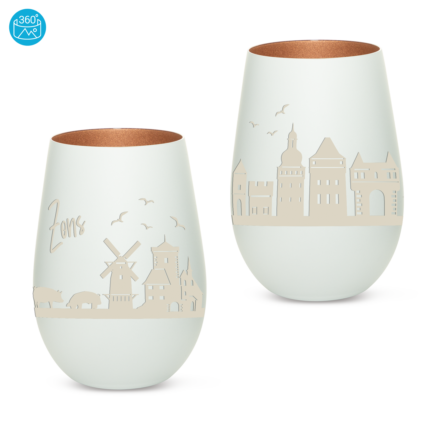 Hochwertiges Glas Windlicht mit Gravur "SKYLINE ZONS (DORMAGEN)" in der Farbe Weiß/Bronze