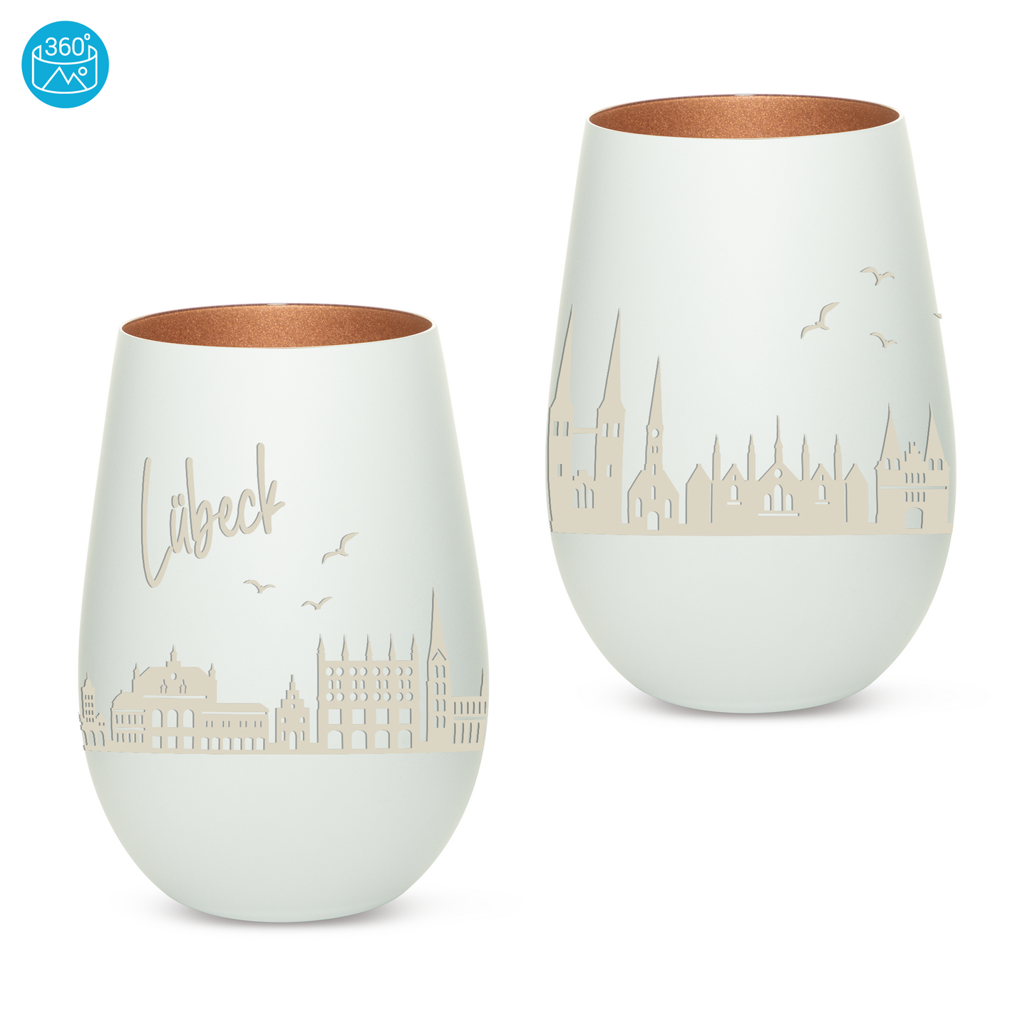 Hochwertiges Glas Windlicht mit Gravur "SKYLINE LÜBECK" in der Farbe Weiß/Bronze