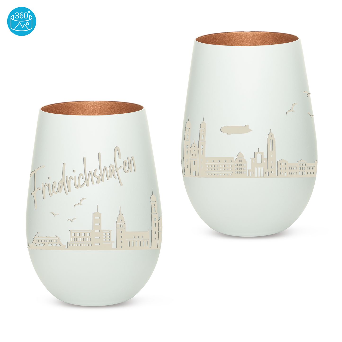 Hochwertiges Glas Windlicht mit Gravur "SKYLINE FRIEDRICHSHAFEN" in der Farbe Weiß/Bronze