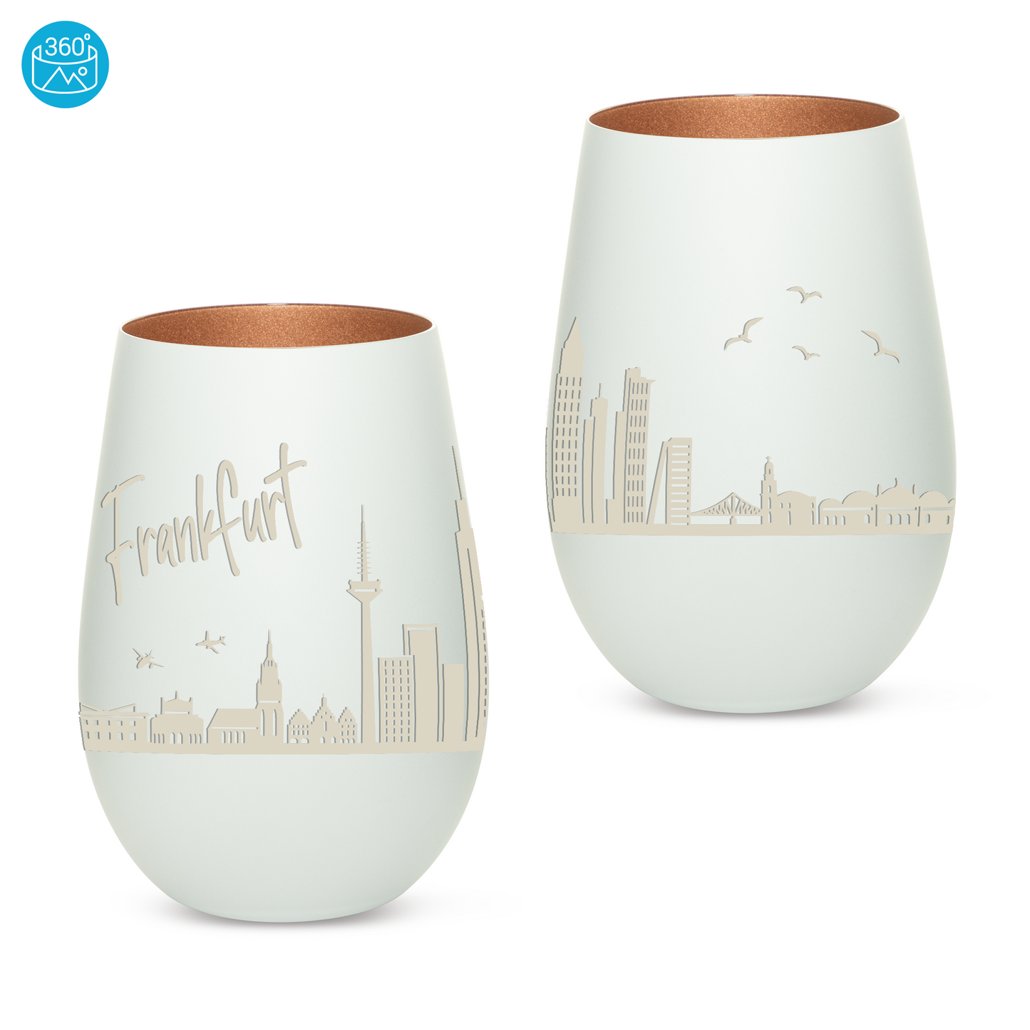 Hochwertiges Glas Windlicht mit Gravur "SKYLINE FRANKFURT" in der Farbe Weiß/Bronze