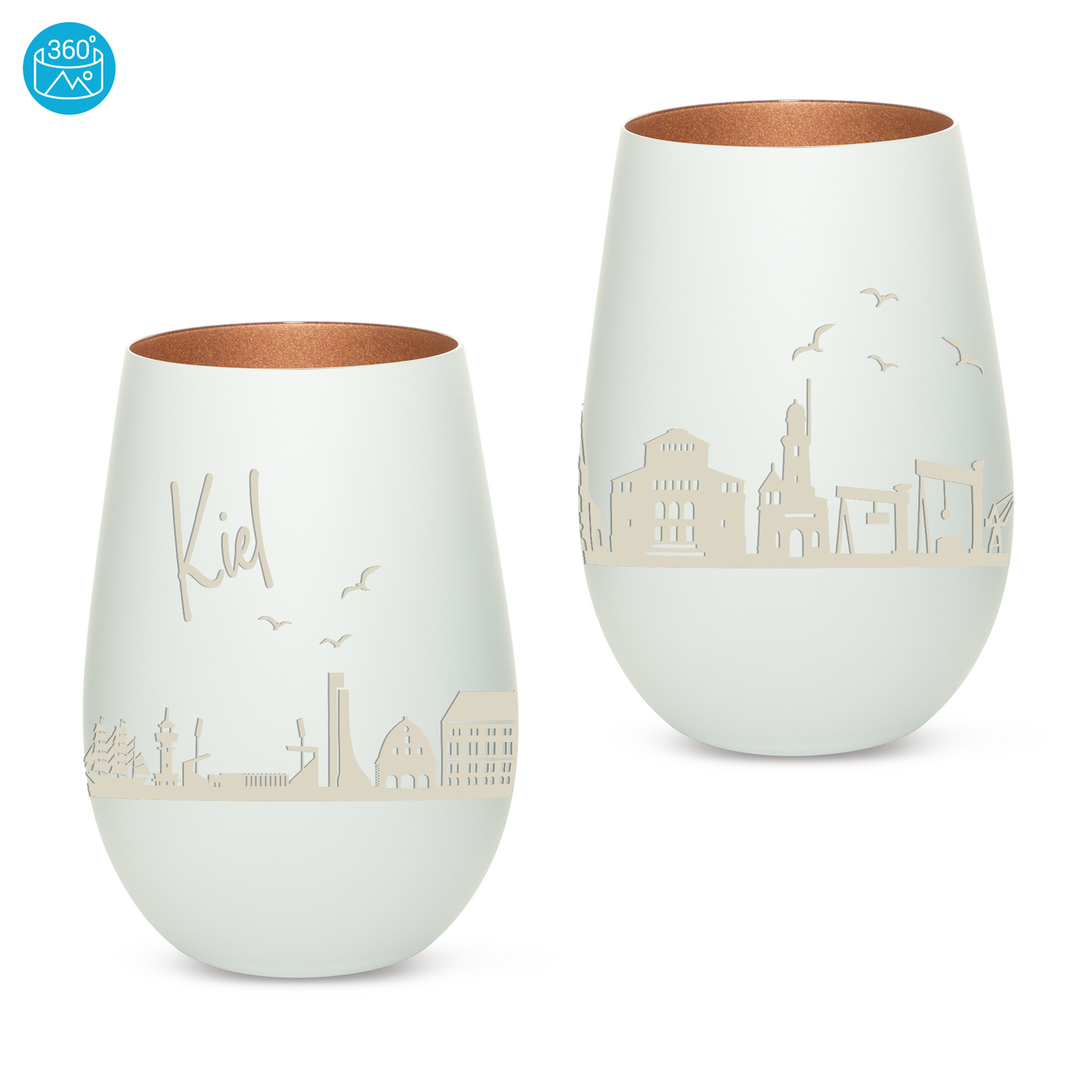 Hochwertiges Glas Windlicht mit Gravur "SKYLINE KIEL" in der Farbe Weiß/Bronze
