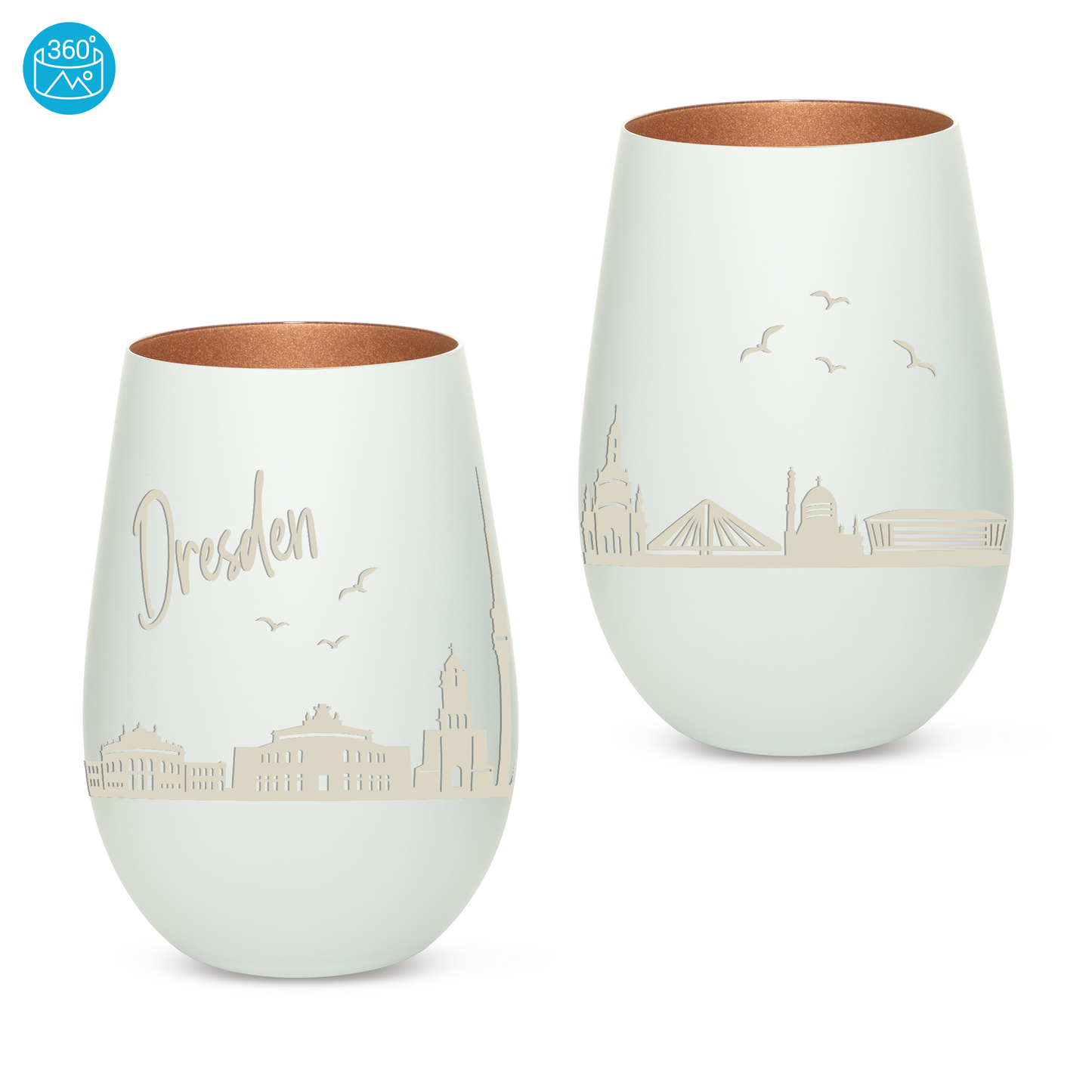 Hochwertiges Glas Windlicht mit Gravur "SKYLINE DRESDEN" in der Farbe Weiß/Bronze