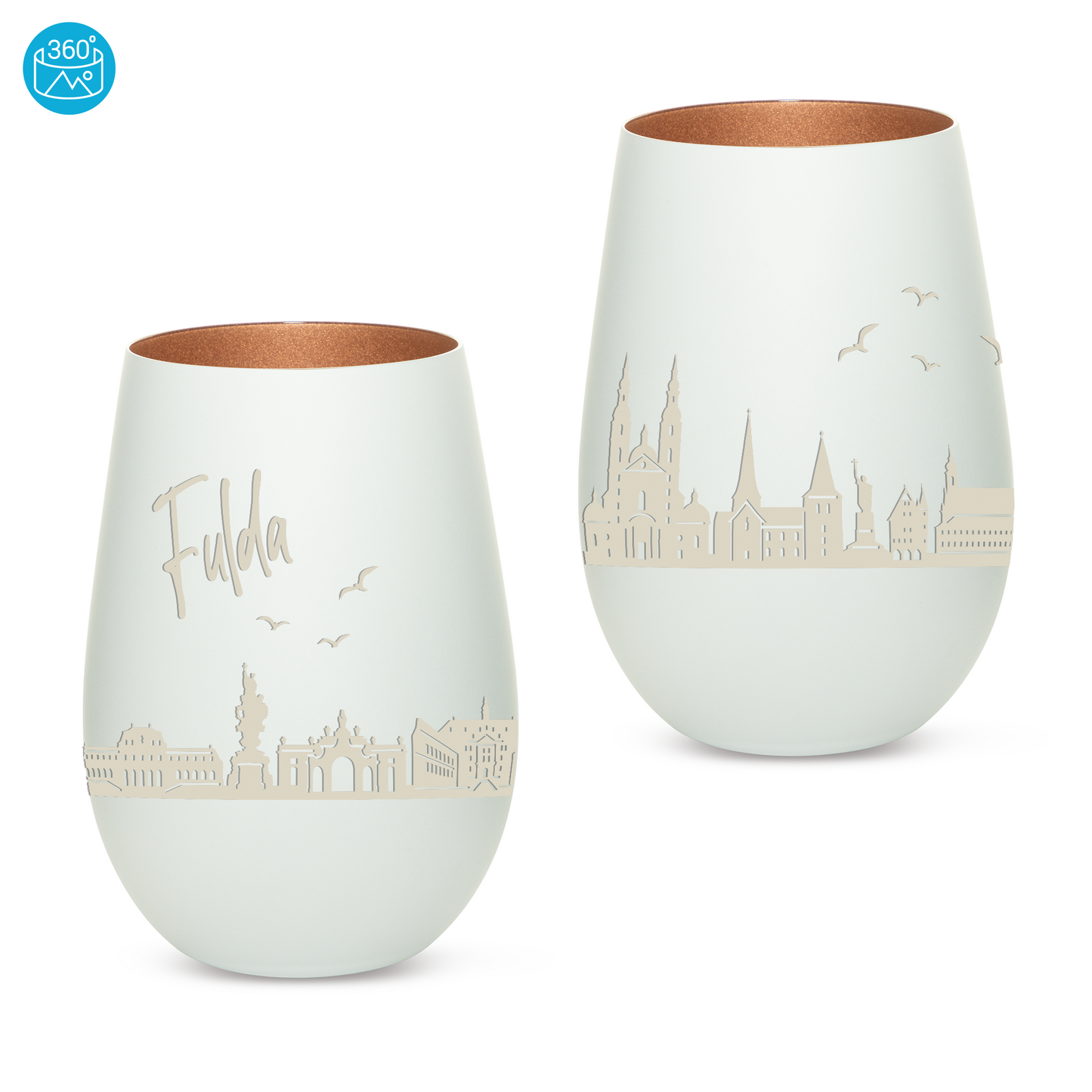 Hochwertiges Glas Windlicht mit Gravur "SKYLINE FULDA" in der Farbe Weiß/Bronze
