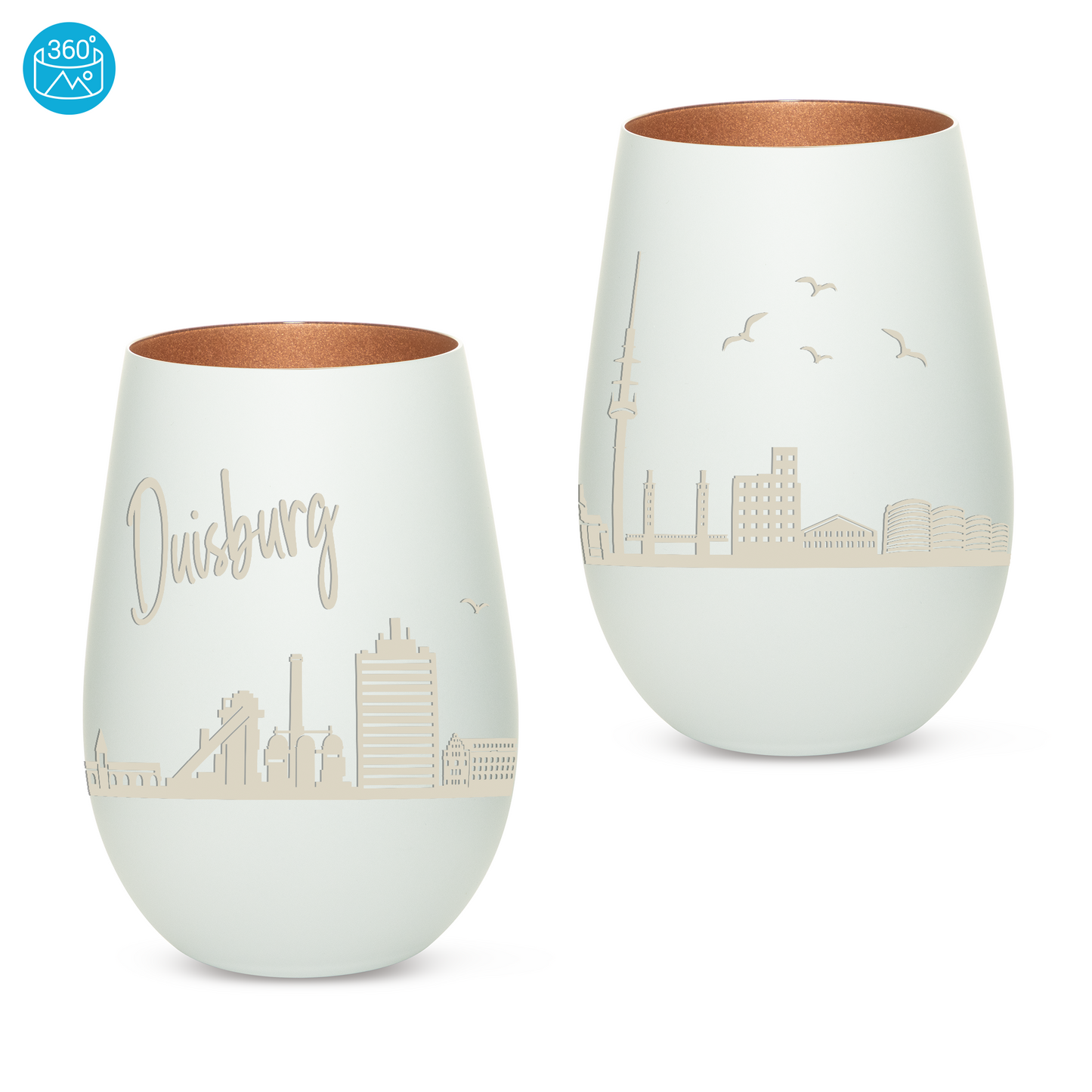 Hochwertiges Glas Windlicht mit Gravur "SKYLINE DUISBURG" in der Farbe Weiß/Bronze
