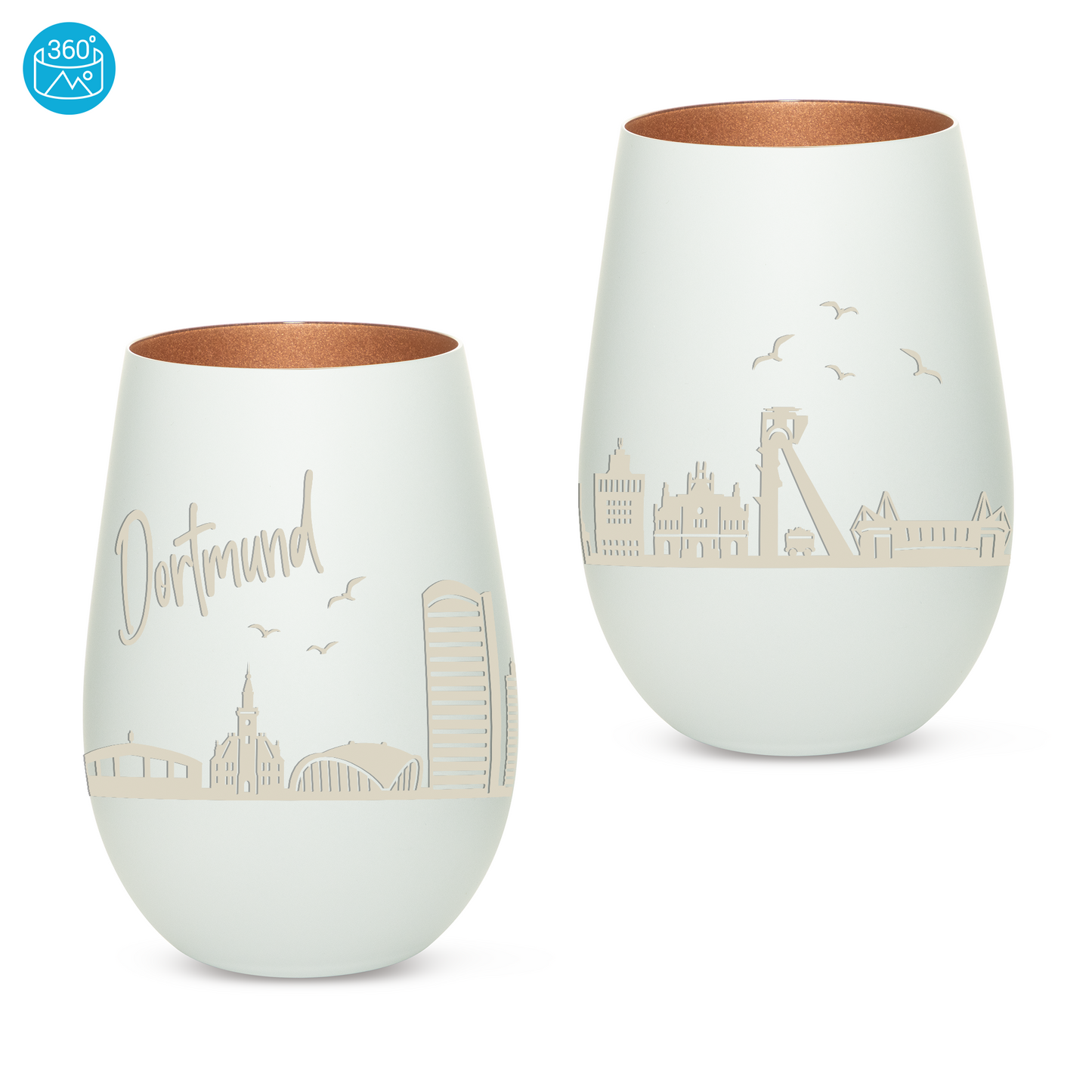 Hochwertiges Glas Windlicht mit Gravur "SKYLINE DORTMUND" in der Farbe Weiß/Bronze