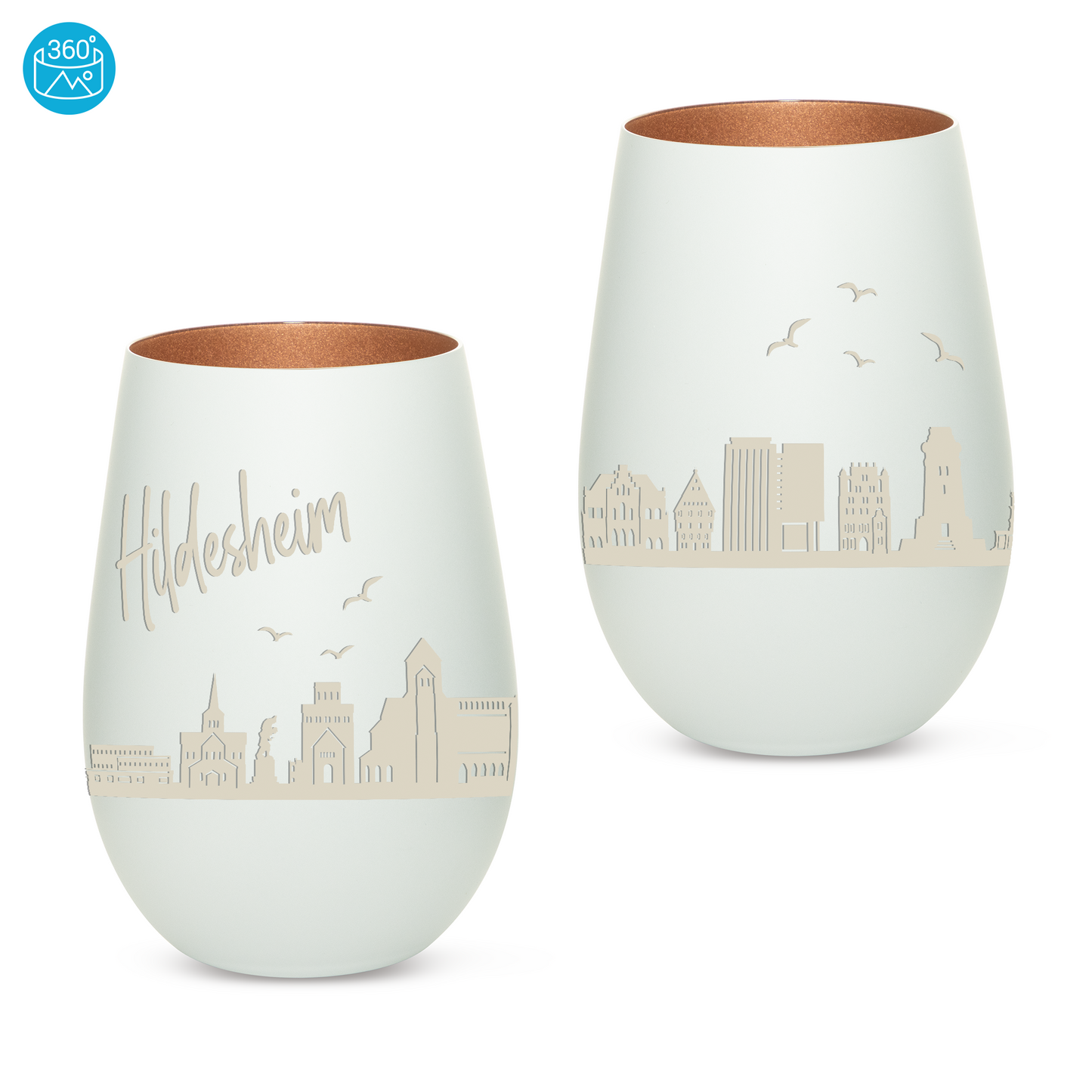 Hochwertiges Glas Windlicht mit Gravur "SKYLINE HILDESHEIM" in der Farbe Weiß/Bronze