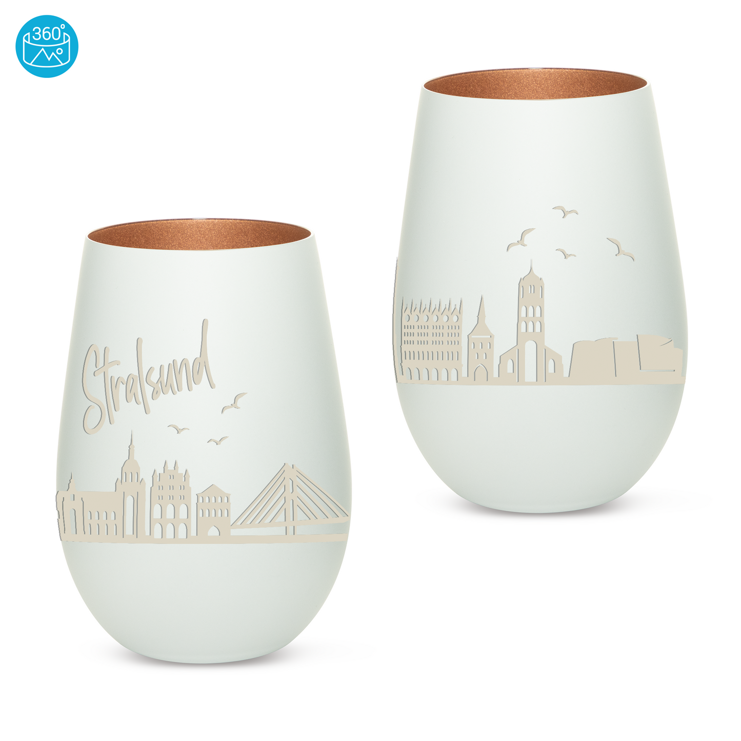 Hochwertiges Glas Windlicht mit Gravur "SKYLINE STRALSUND" in der Farbe Weiß/Bronze