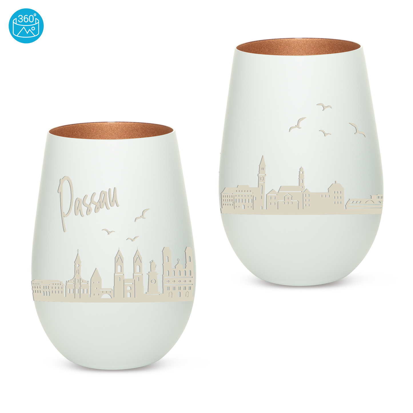 Hochwertiges Glas Windlicht mit Gravur "SKYLINE PASSAU" in der Farbe Weiß/Bronze