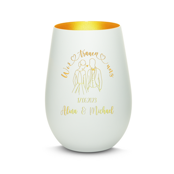 Windlicht mit Gravur aus Glas "WIR TRAUEN UNS" Motiv Brautpaar mit Wunschname & Datum