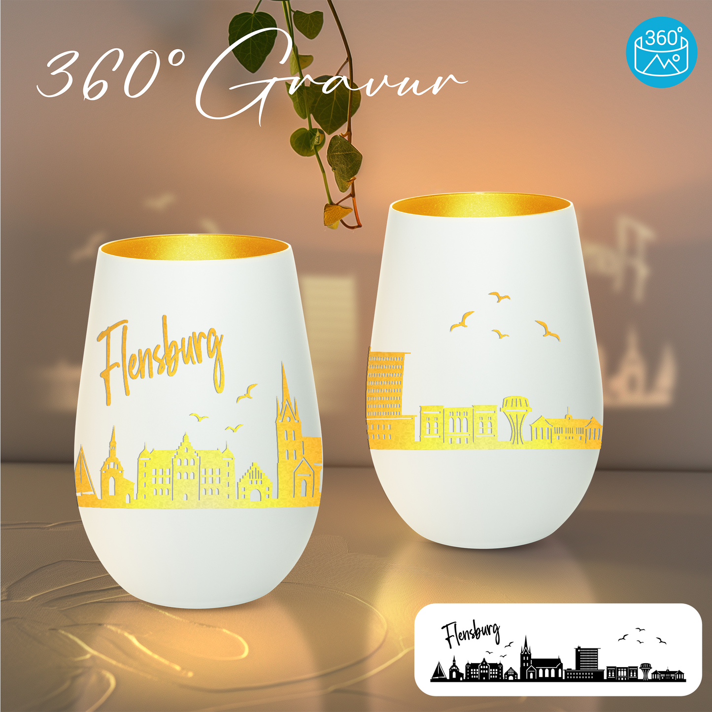 Hochwertiges Glas Windlicht mit Gravur "SKYLINE FLENSBURG" in der Farbe Weiß/Gold