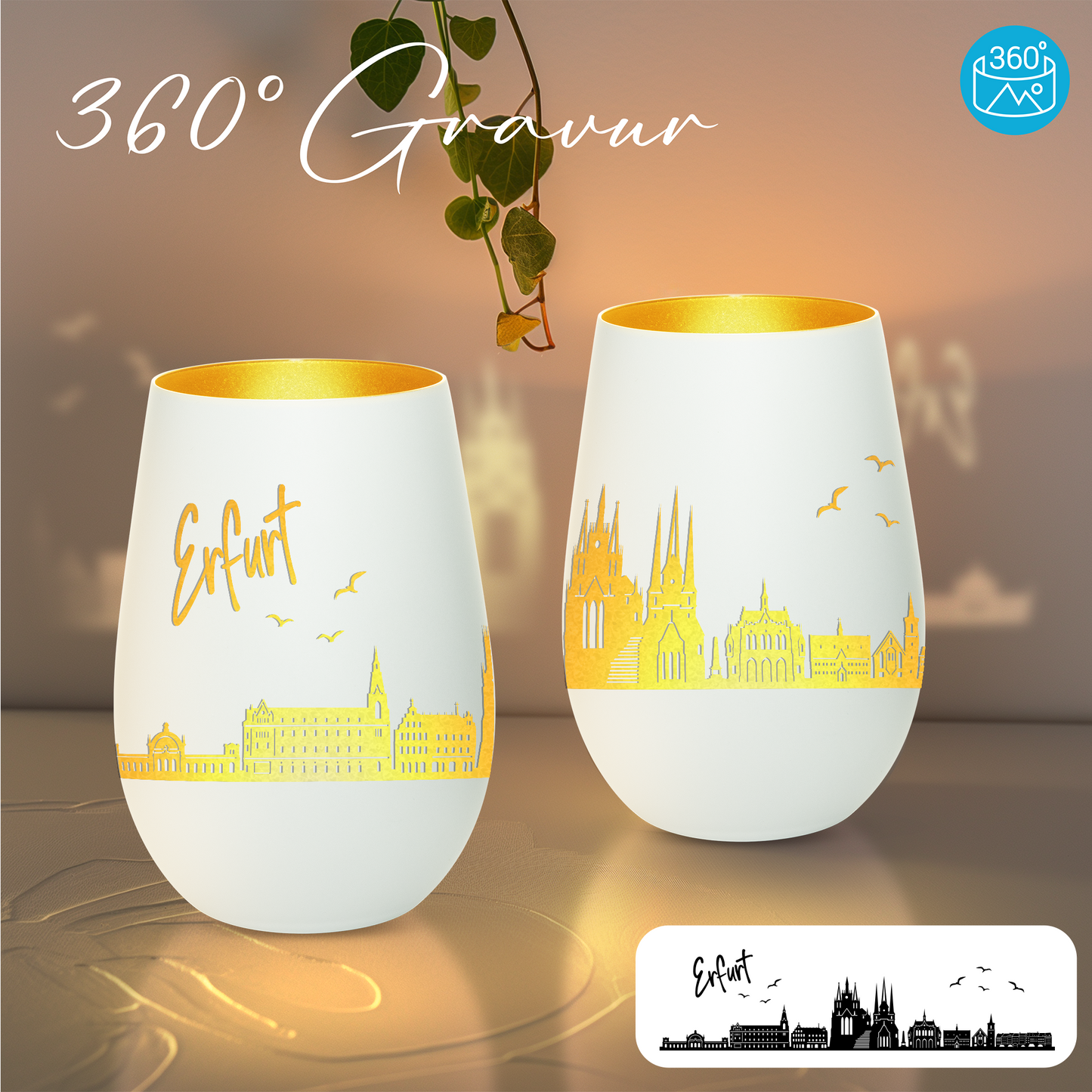 Hochwertiges Glas Windlicht mit Gravur "SKYLINE ERFURT" in der Farbe Weiß/Gold