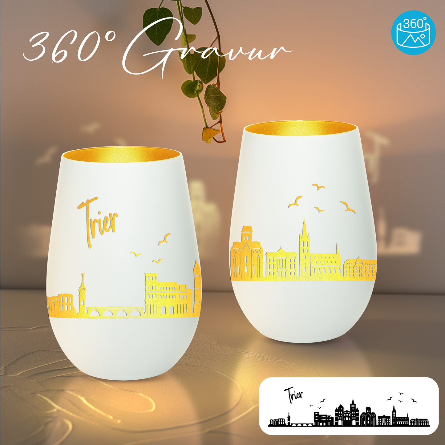 Hochwertiges Glas Windlicht mit Gravur "SKYLINE TRIER" in der Farbe Weiß/Gold