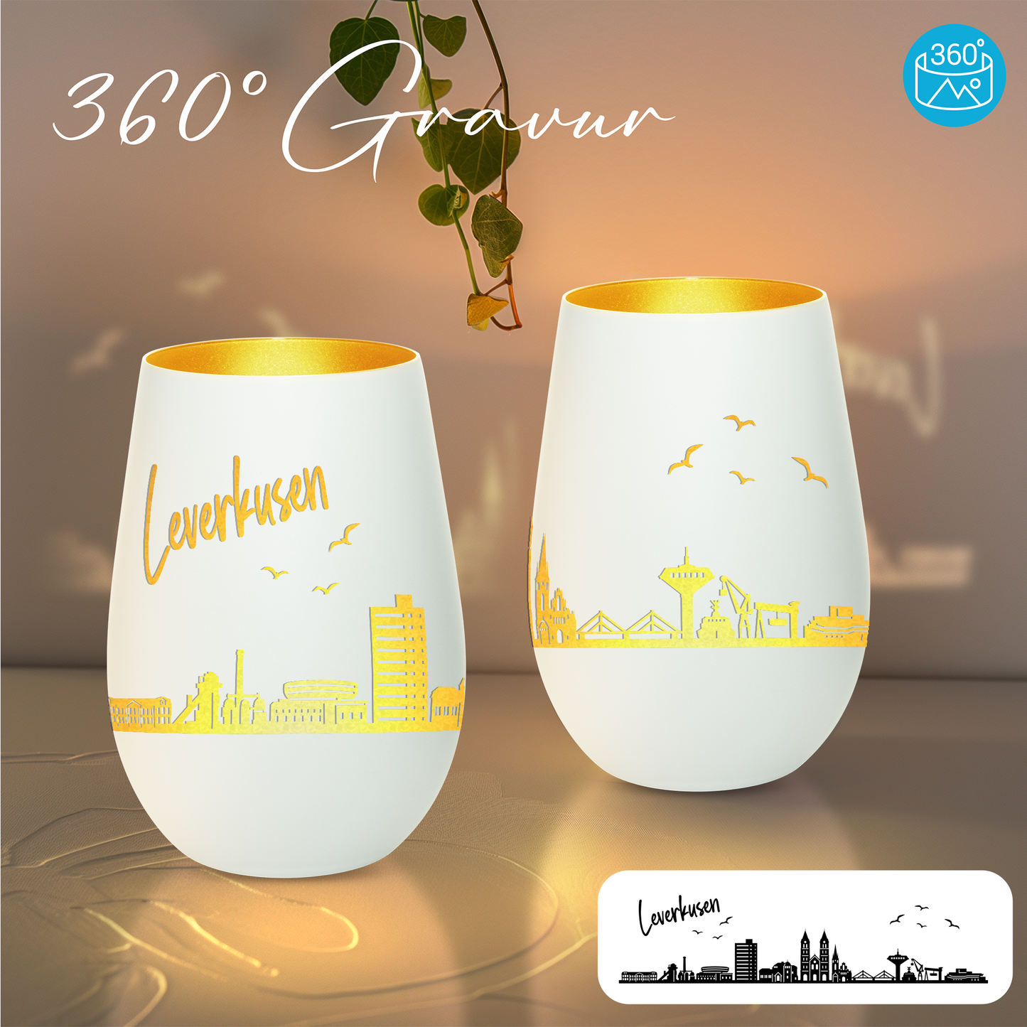 Hochwertiges Glas Windlicht mit Gravur "SKYLINE LEVERKUSEN" in der Farbe Weiß/Gold