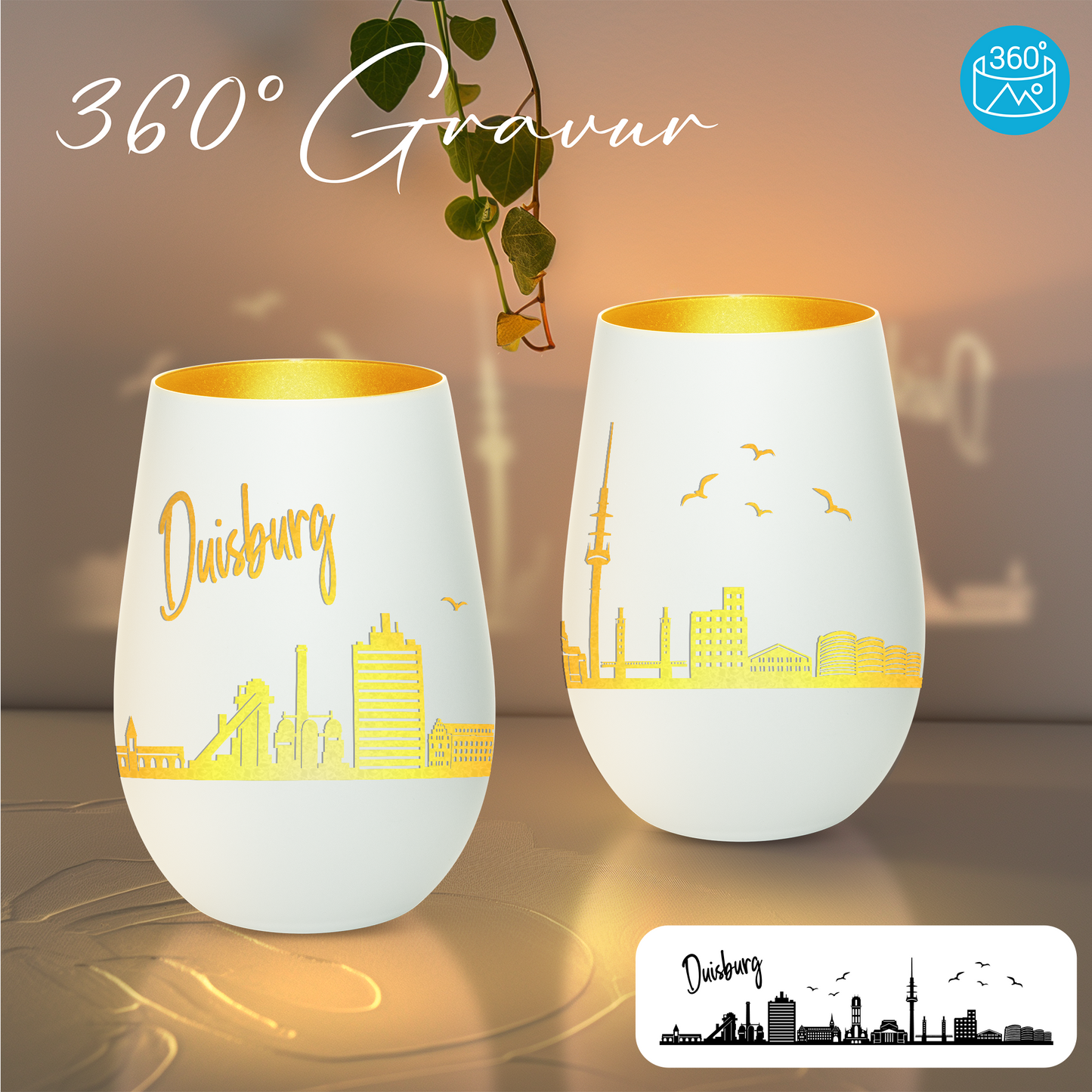 Hochwertiges Glas Windlicht mit Gravur "SKYLINE DUISBURG" in der Farbe Weiß/Gold