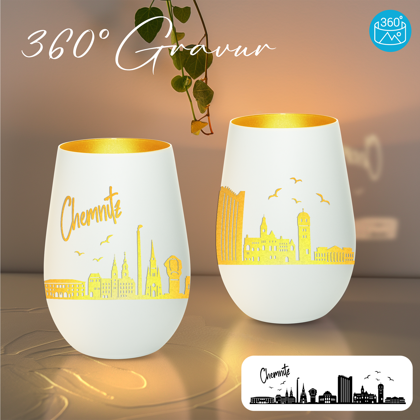 Hochwertiges Glas Windlicht mit Gravur "SKYLINE CHEMNITZ" in der Farbe Weiß/Gold