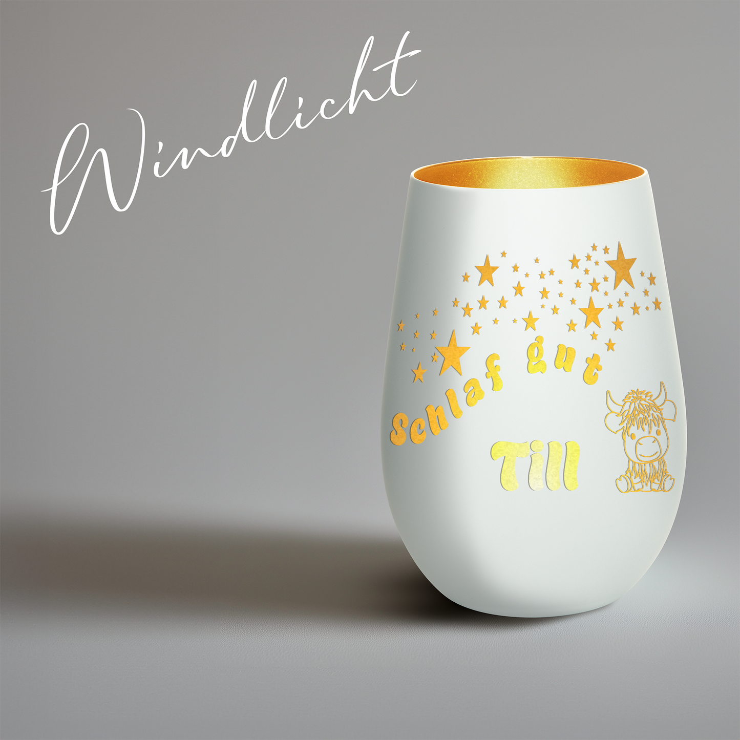 Hochwertiges Glas Windlicht für Kinder mit Gravur "SCHLAF GUT" Motiv Bison mit Wunschname in der Farbe Weiß/Gold