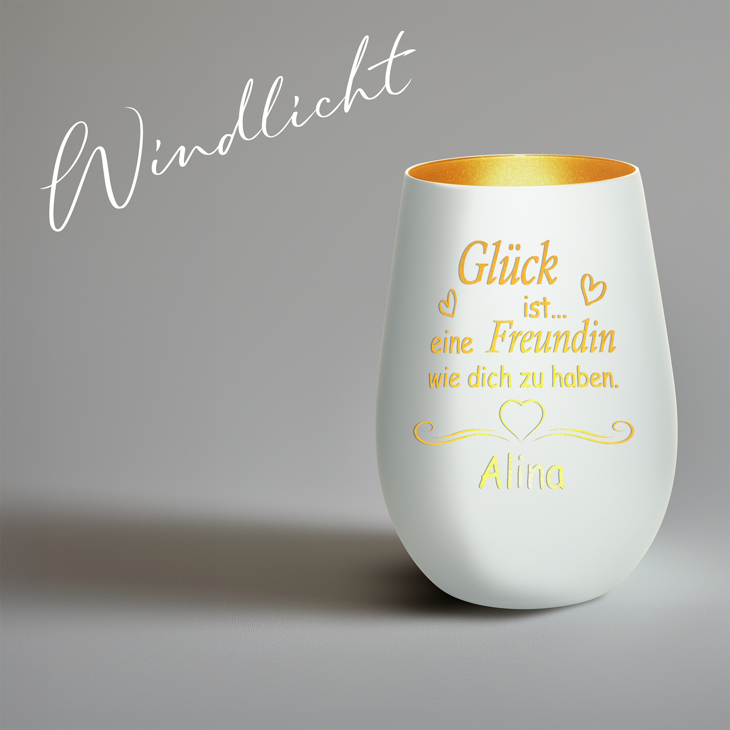 Hochwertiges Glas Windlicht mit Gravur "GLÜCK IST EINE FREUNDIN WIE DICH ZU HABEN" mit Wunschname in der Farbe Weiß/Gold