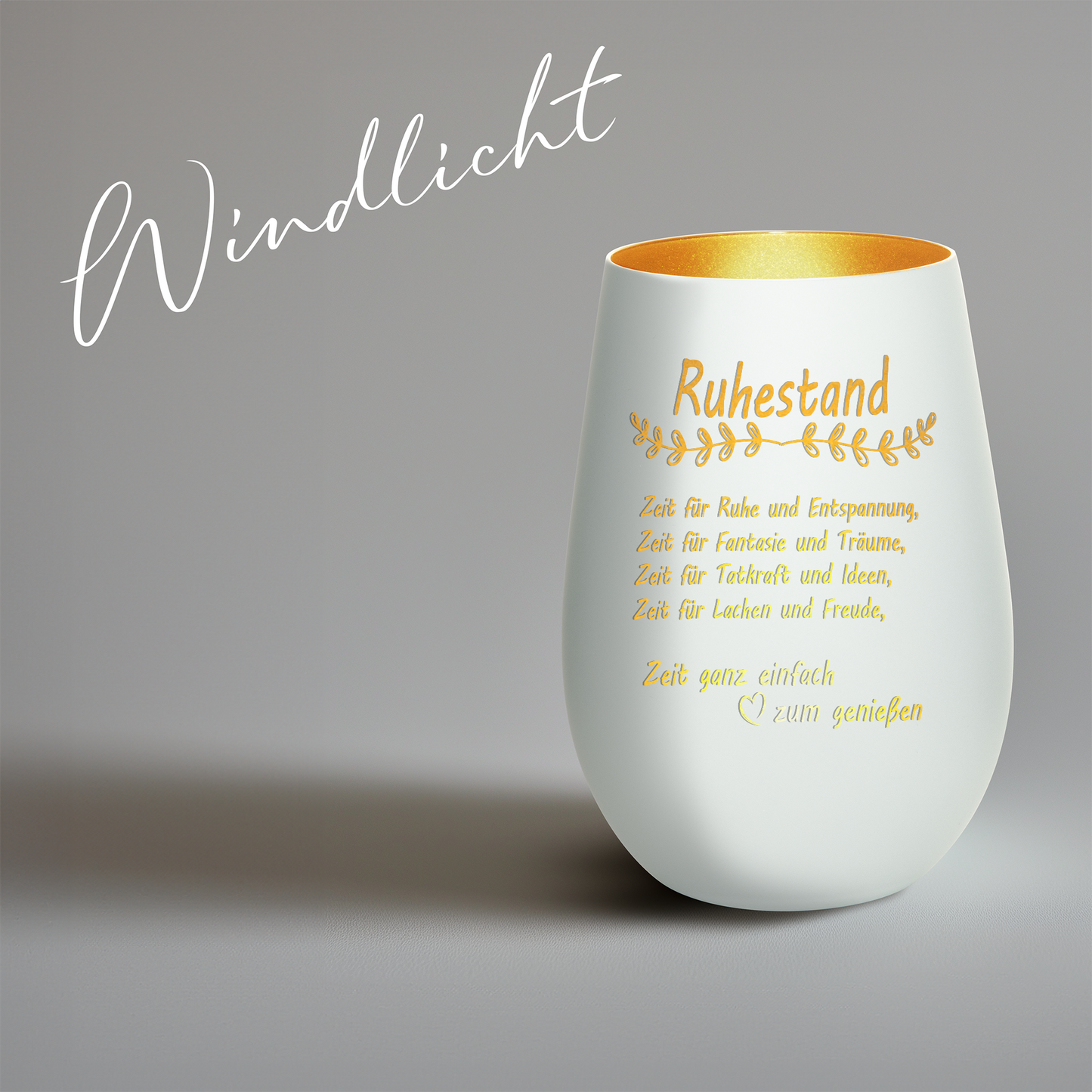 Hochwertiges Glas Windlicht mit Gravur "ALLES GUTE ZUM RUHESTAND" in der Farbe Weiß/Gold