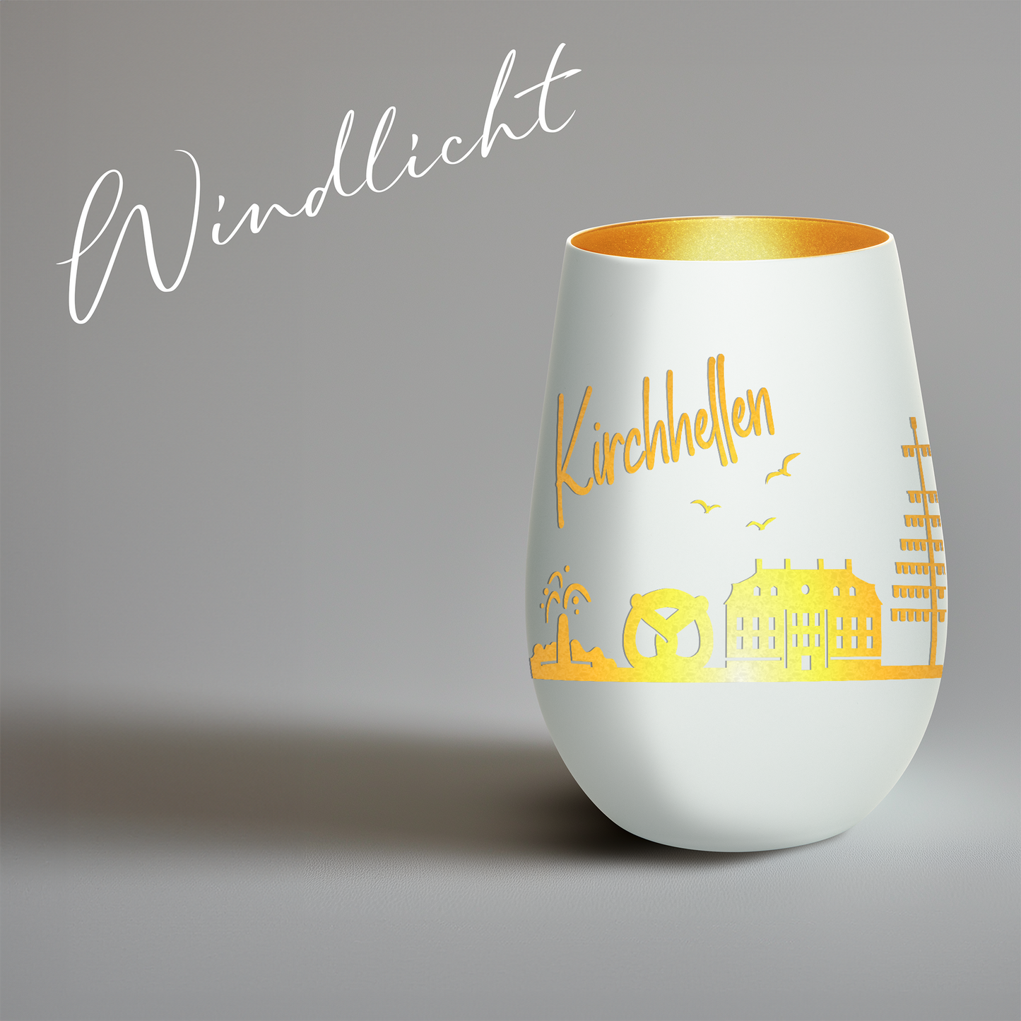 Hochwertiges Glas Windlicht mit Gravur "SKYLINE KIRCHHELLEN" in der Farbe Weiß/Gold