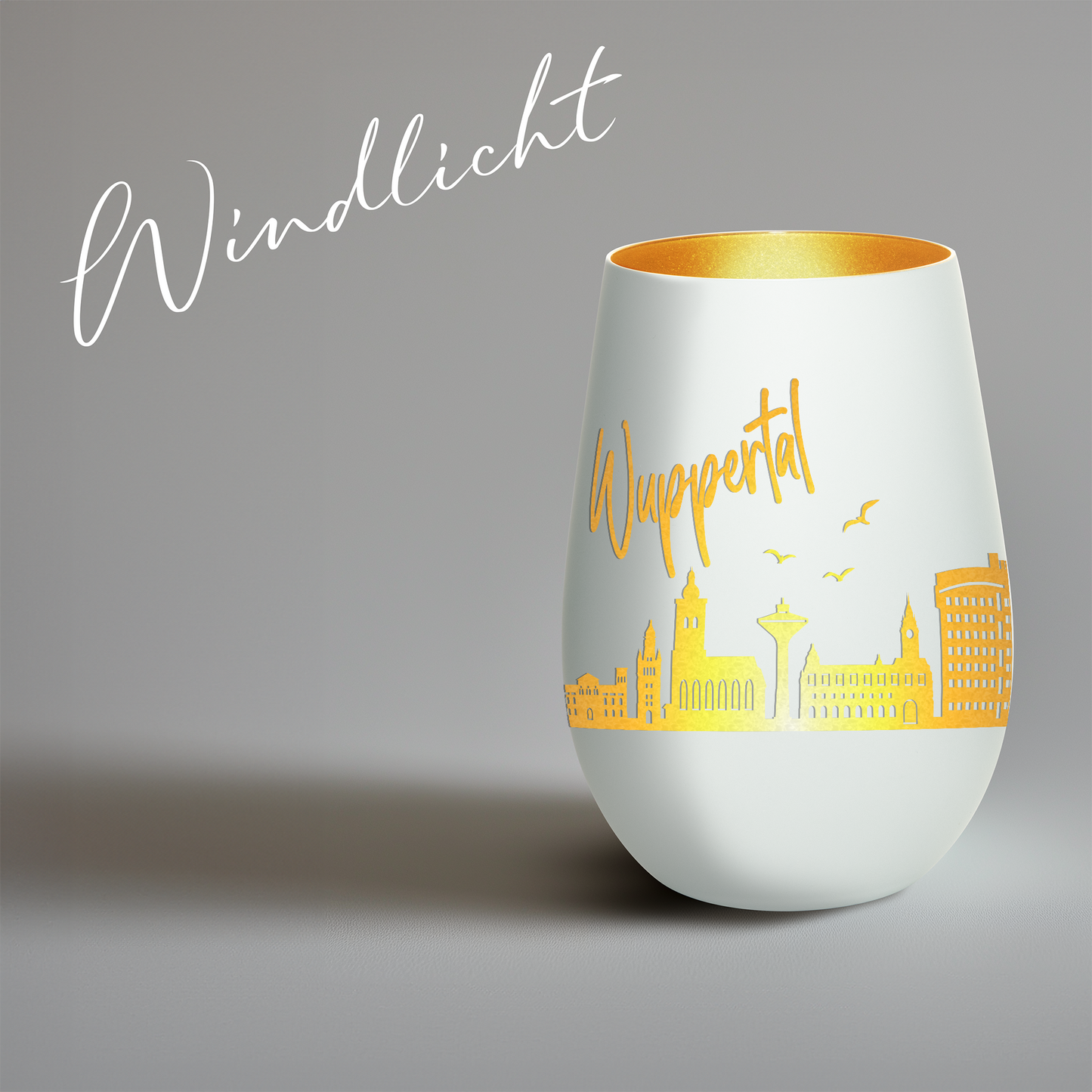 Hochwertiges Glas Windlicht mit Gravur "SKYLINE WUPPERTAL" in der Farbe Weiß/Gold
