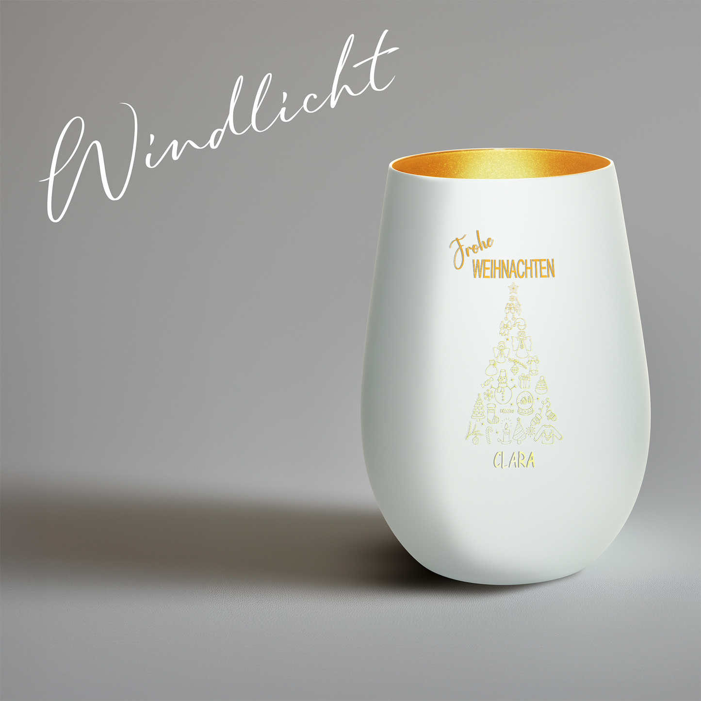 Hochwertiges Glas Windlicht mit Gravur "FROHE WEIHNACHTEN" mit Wunschname in der Farbe Weiß/Gold