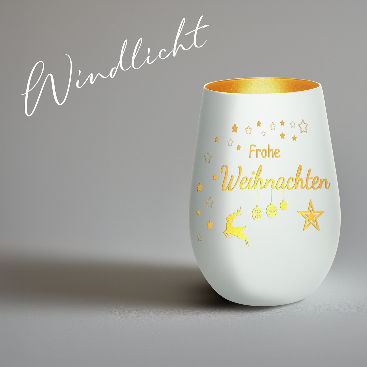 Hochwertiges Glas Windlicht mit Gravur "FROHE WEIHNACHTEN" in der Farbe Weiß/Gold