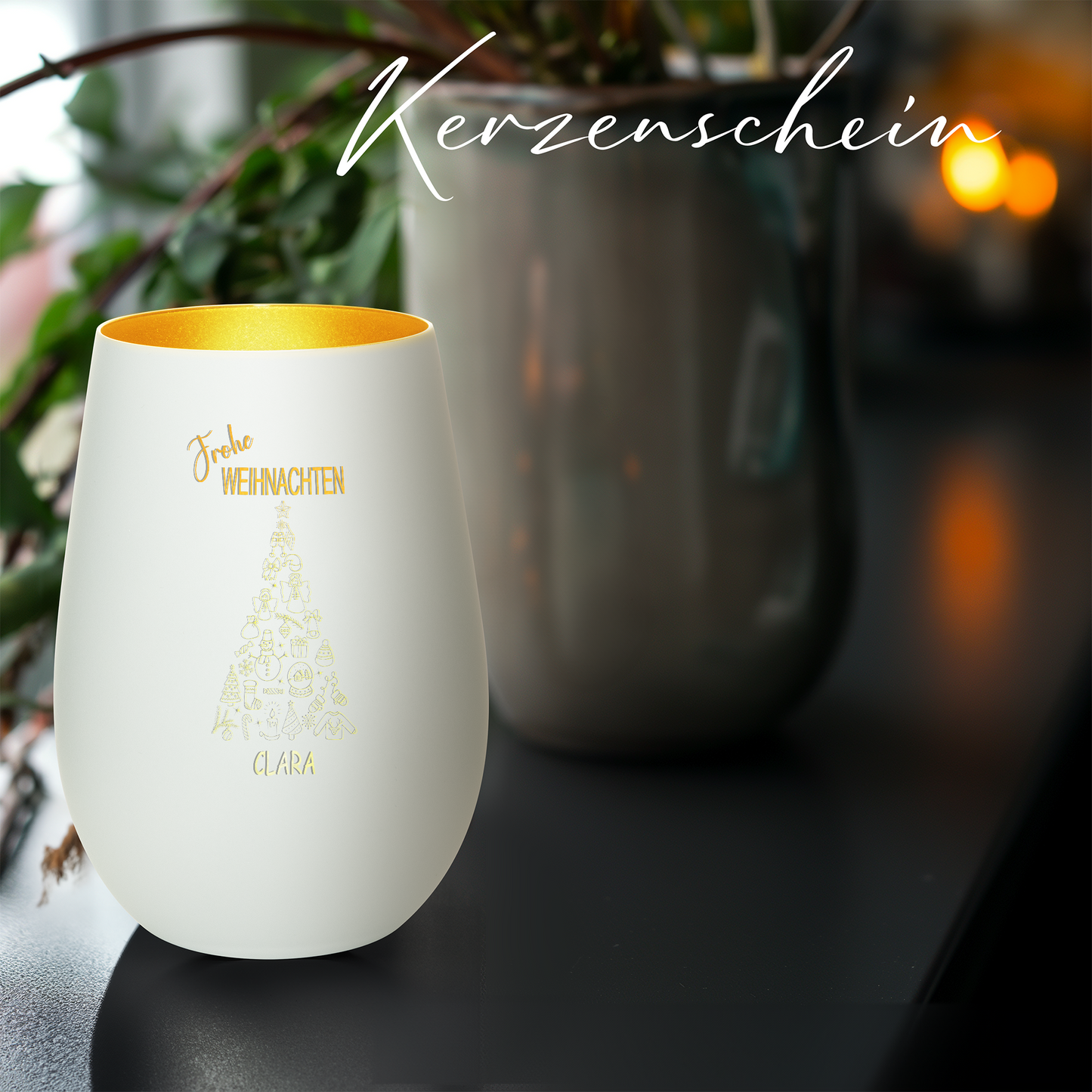 Hochwertiges Glas Windlicht mit Gravur "FROHE WEIHNACHTEN" mit Wunschname in der Farbe Weiß/Gold