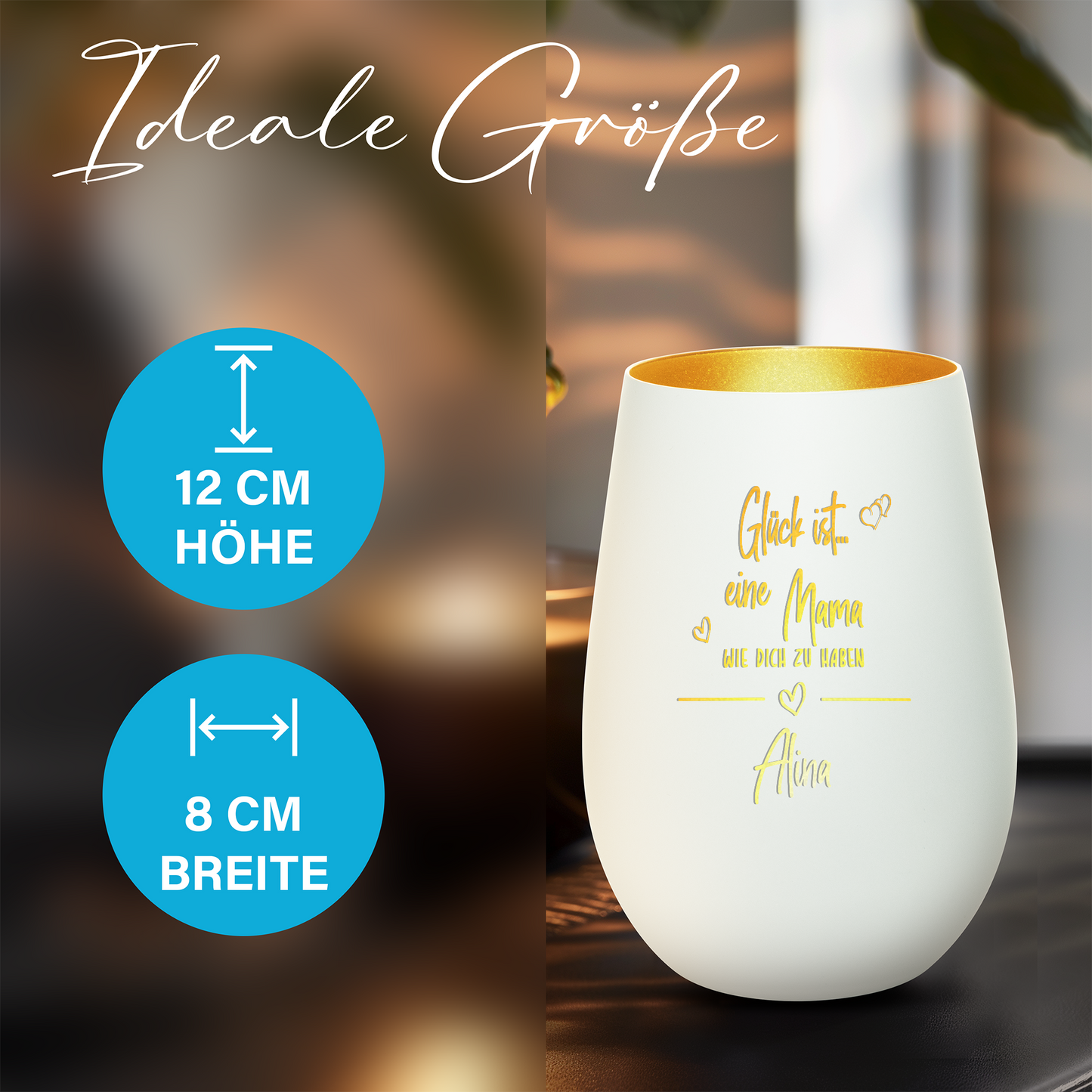 Hochwertiges Glas Windlicht mit Gravur "GLÜCK IST EINE MAMA WIE DICH ZU HABEN" mit Wunschname in der Farbe Weiß/Gold