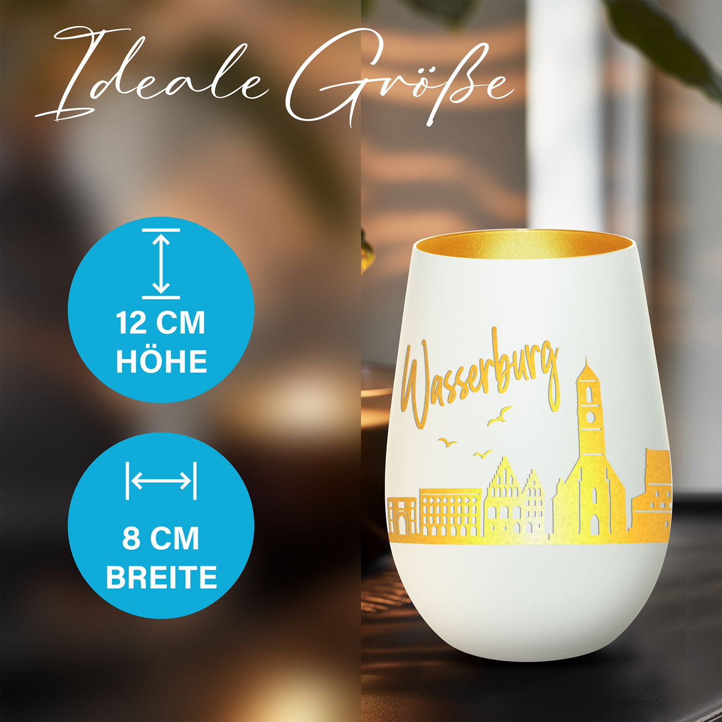 Hochwertiges Glas Windlicht mit Gravur "SKYLINE WASSERBURG" in der Farbe Weiß/Gold