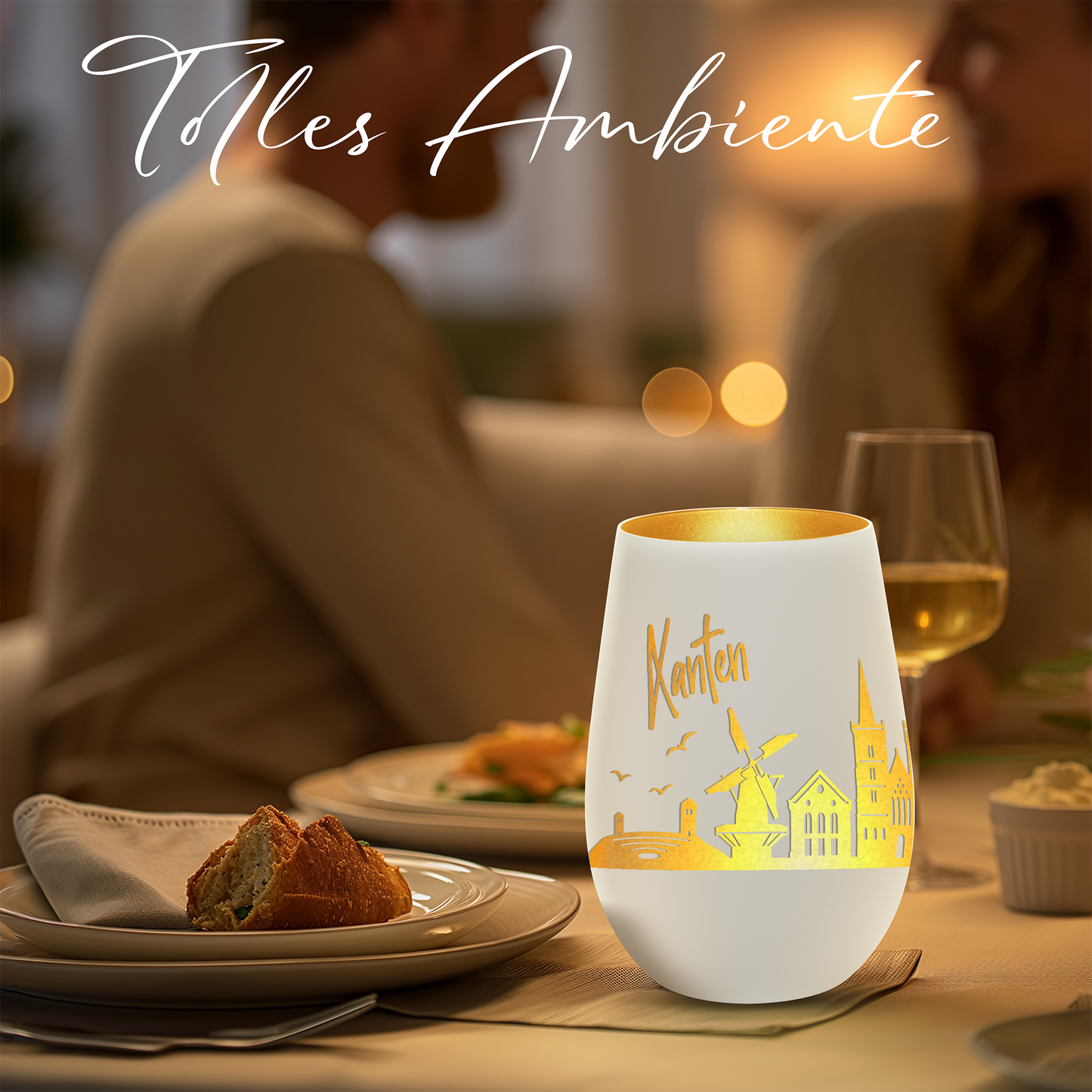 Hochwertiges Glas Windlicht mit Gravur "SKYLINE XANTEN" in der Farbe Weiß/Gold