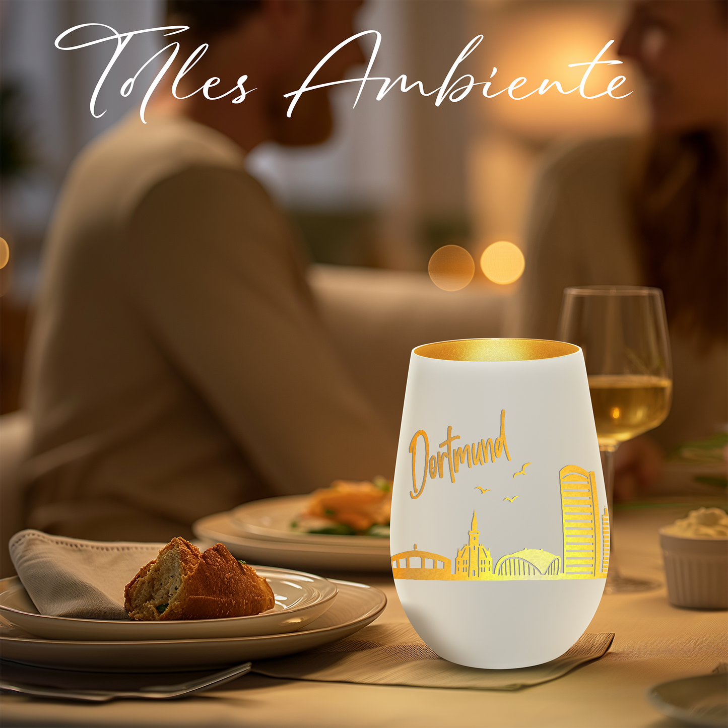 Hochwertiges Glas Windlicht mit Gravur "SKYLINE DORTMUND" in der Farbe Weiß/Gold