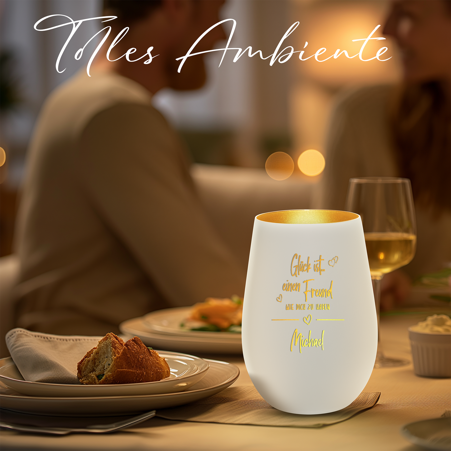 Hochwertiges Glas Windlicht mit Gravur "GLÜCK IST EINEN FREUND WIE DICH ZU HABEN" mit Wunschname in der Farbe Weiß/Gold