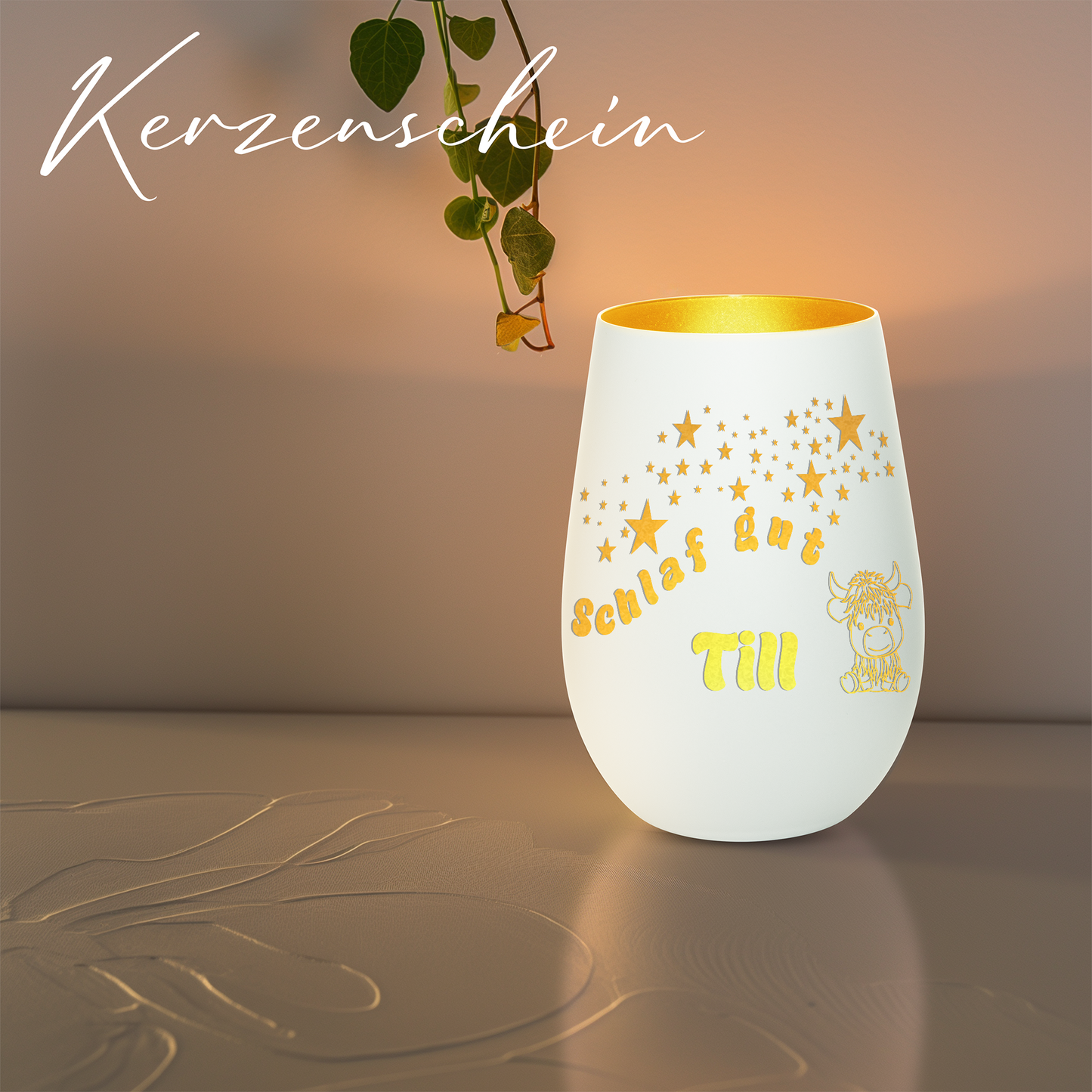 Hochwertiges Glas Windlicht für Kinder mit Gravur "SCHLAF GUT" Motiv Bison mit Wunschname in der Farbe Weiß/Gold