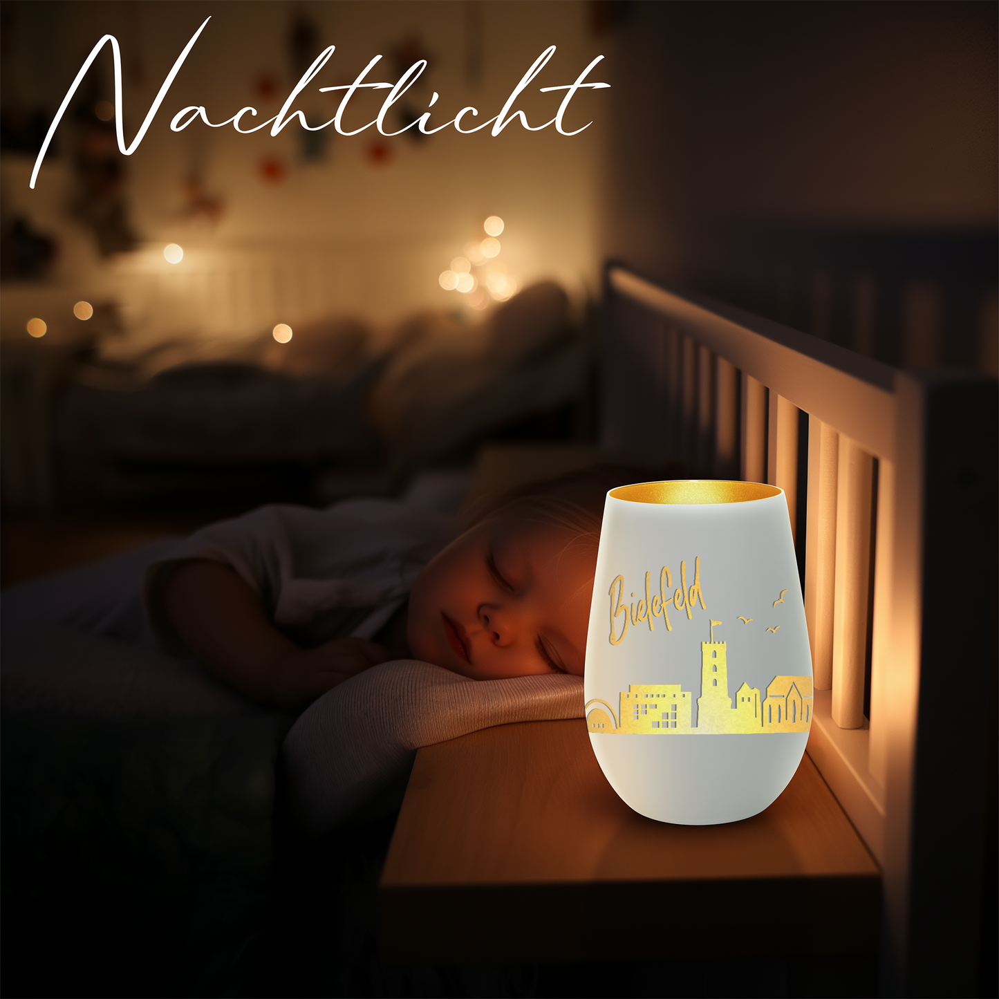 Hochwertiges Glas Windlicht mit Gravur "SKYLINE BIELEFELD" in der Farbe Weiß/Gold
