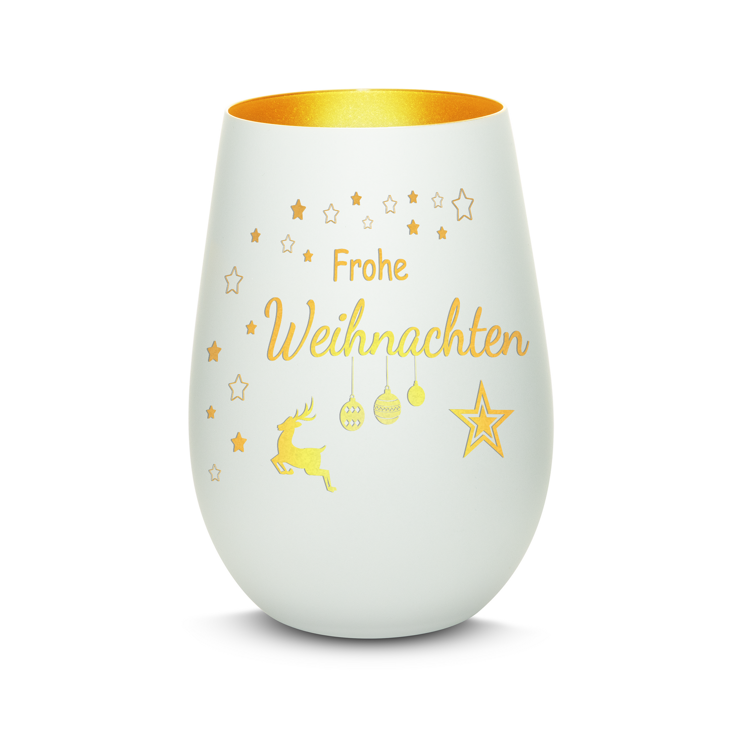 Hochwertiges Glas Windlicht mit Gravur "FROHE WEIHNACHTEN" in der Farbe Weiß/Gold