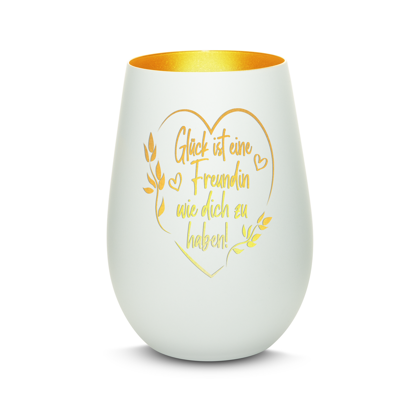 Hochwertiges Glas Windlicht mit Gravur "GLÜCK IST EINE FREUNDIN MIT HERZ" in der Farbe Weiß/Gold