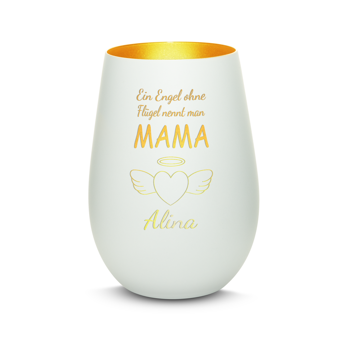 Hochwertiges Glas Windlicht mit Gravur "EIN ENGEL OHNE FLÜGEL NENNT MAN MAMA" mit Wunschname in der Farbe Weiß/Gold