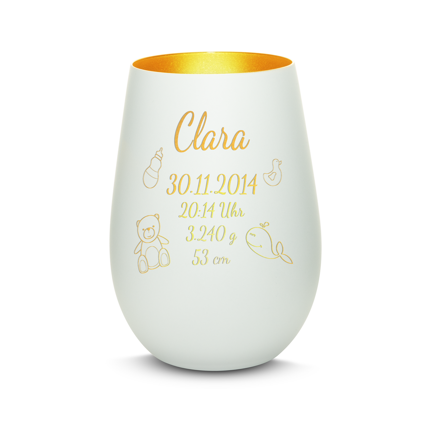 Hochwertiges Glas Windlicht mit Gravur "ZUR GEBURT" mit Wunschname und Datum in der Farbe Weiß/Gold
