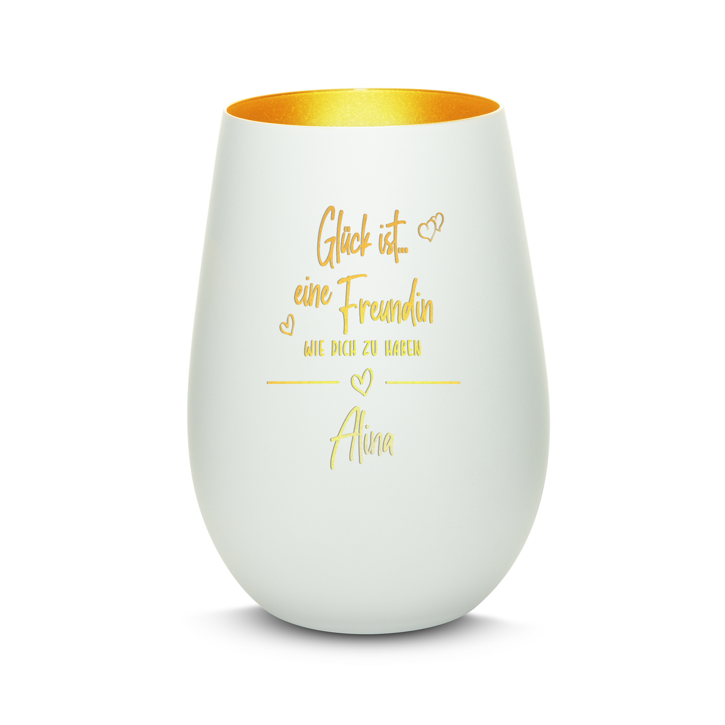 Hochwertiges Glas Windlicht mit Gravur "GLÜCK IST EINE FREUNDIN WIE DICH ZU HABEN" mit Wunschname in der Farbe Weiß/Gold