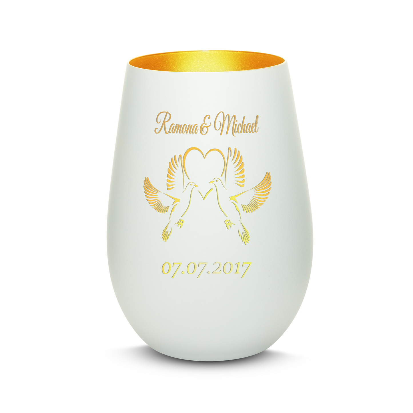 Hochwertiges Glas Windlicht mit Gravur "LIEBESGLAS TAUBEN" mit Wunschnamen und Datum in der Farbe Weiß/Gold
