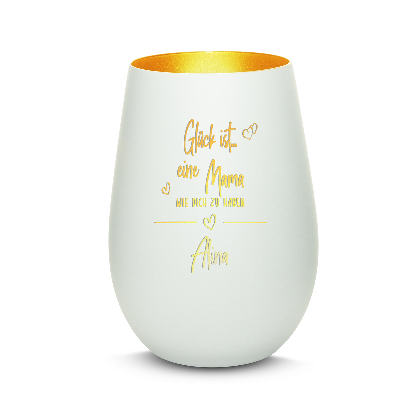 Hochwertiges Glas Windlicht mit Gravur "GLÜCK IST EINE MAMA WIE DICH ZU HABEN" mit Wunschname in der Farbe Weiß/Gold