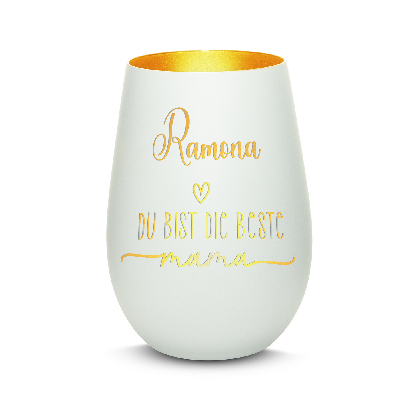 Hochwertiges Glas Windlicht mit Gravur "DIE BESTE MAMA" mit Wunschname in der Farbe Weiß/Gold