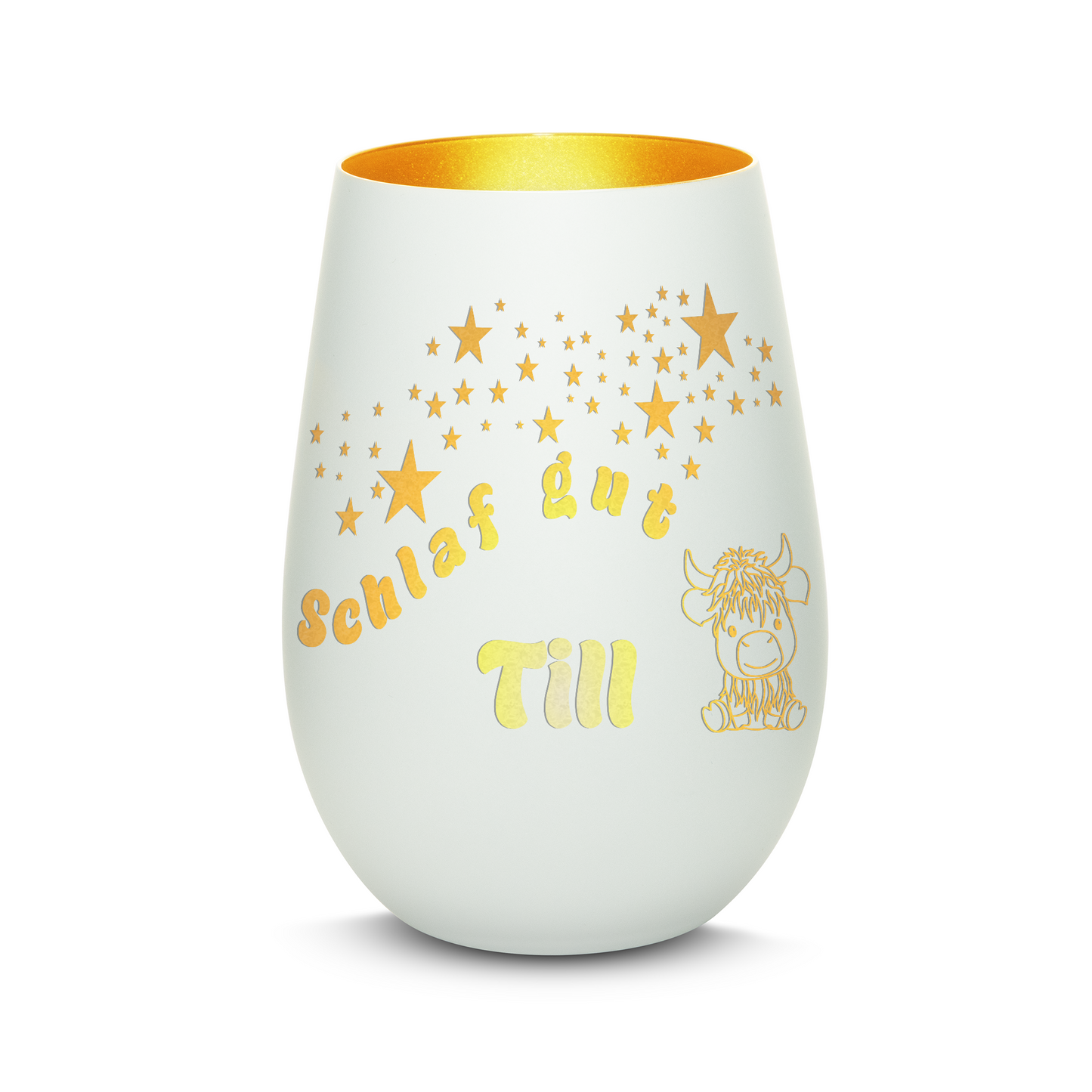 Hochwertiges Glas Windlicht für Kinder mit Gravur "SCHLAF GUT" Motiv Bison mit Wunschname in der Farbe Weiß/Gold