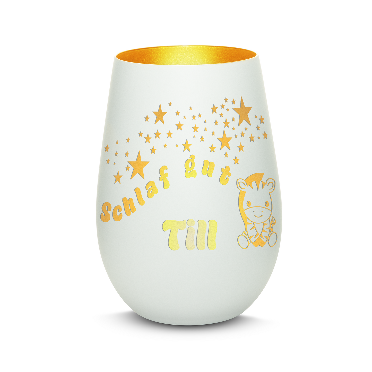 Hochwertiges Glas Windlicht für Kinder mit Gravur "SCHLAF GUT" Motiv Zebra mit Wunschname in der Farbe Weiß/Gold