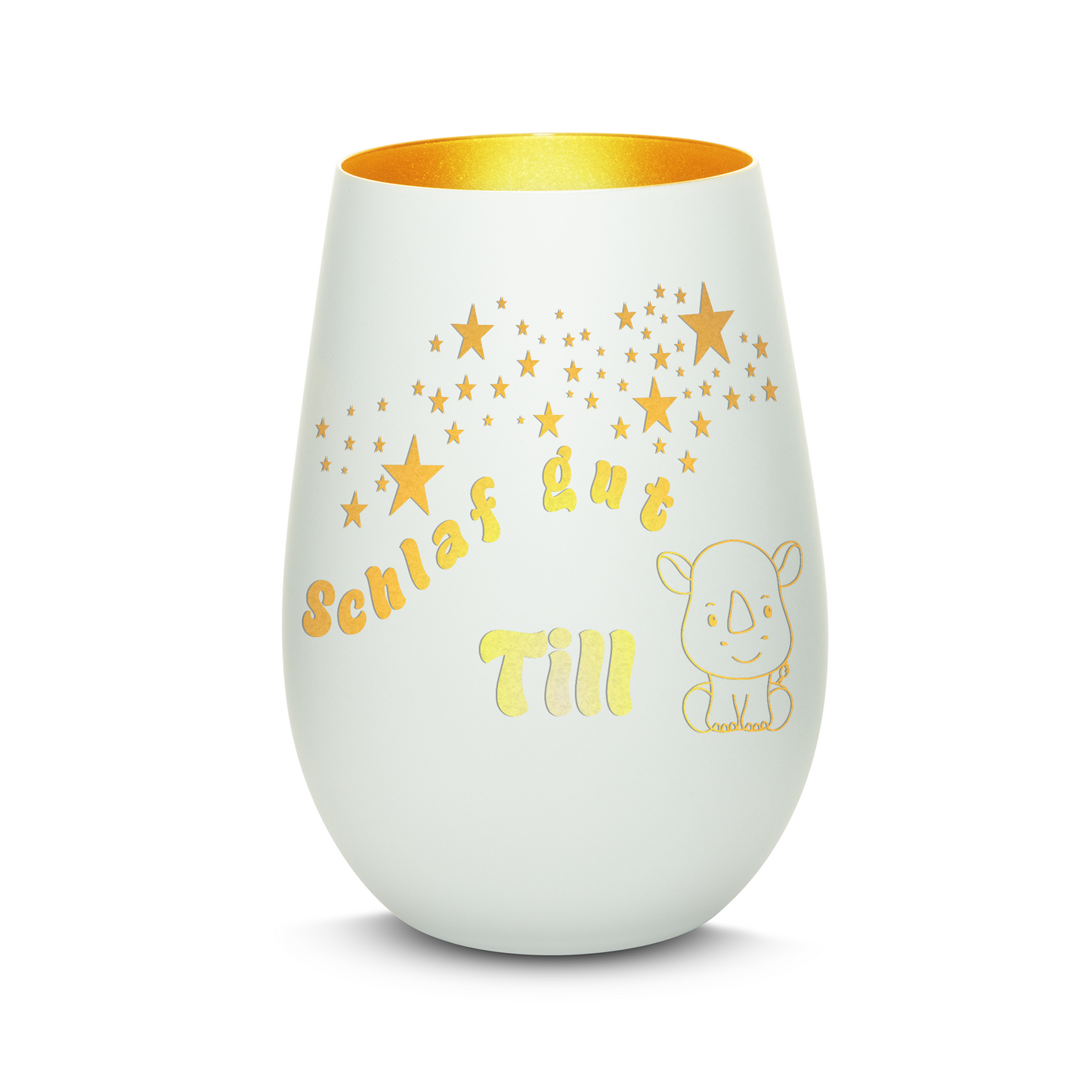Hochwertiges Glas Windlicht für Kinder mit Gravur "SCHLAF GUT" Motiv Nashorn mit Wunschname in der Farbe Weiß/Gold