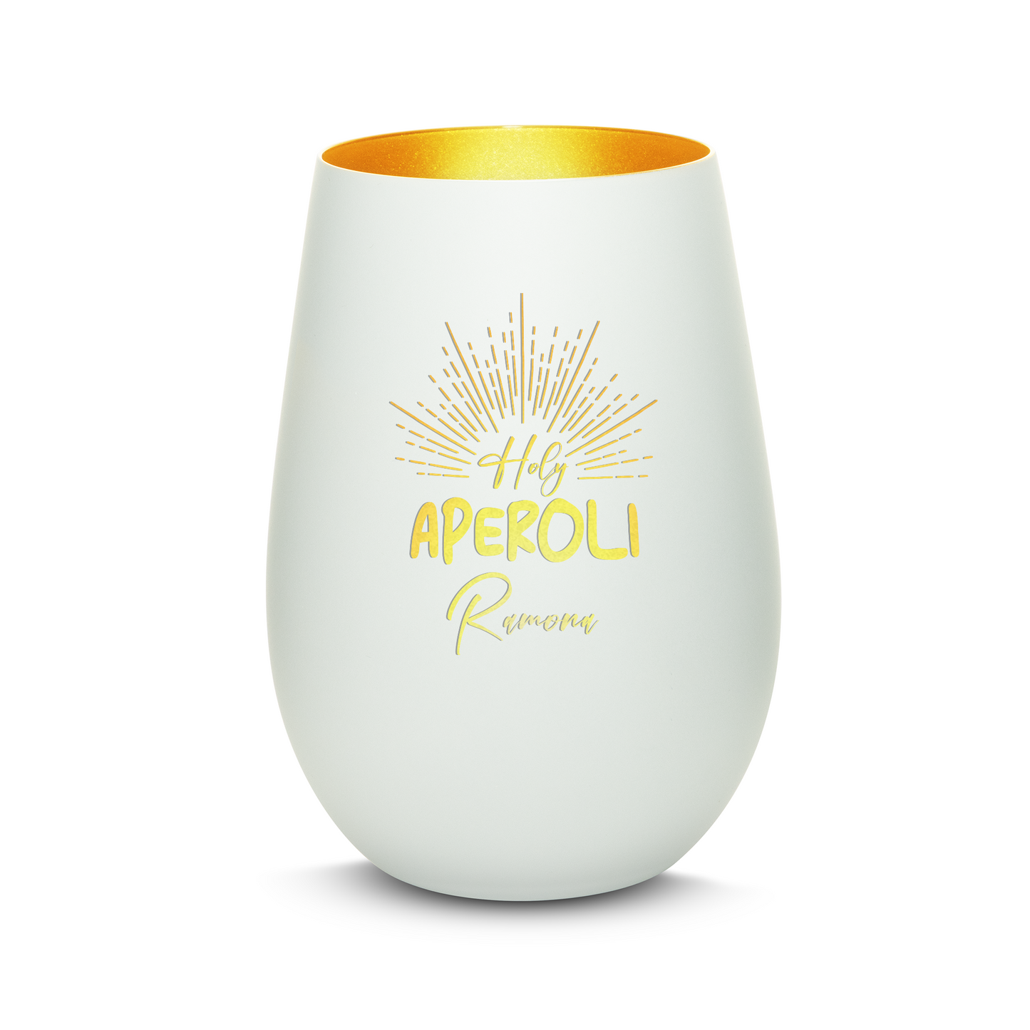 Hochwertiges Glas Windlicht mit Gravur "HOLY APEROLI" mit Wunschname in der Farbe Weiß/Gold